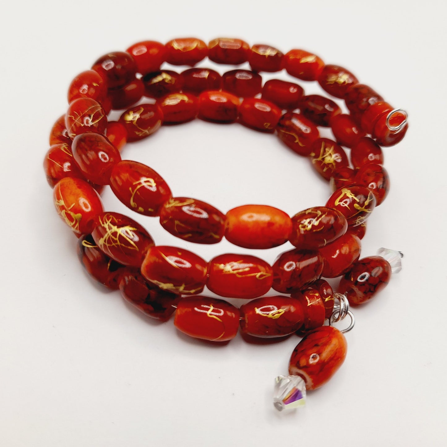 Vintage Asian Beaded Memory Wire Bracelet Red Glass Gold Accents Handmade Jewelry