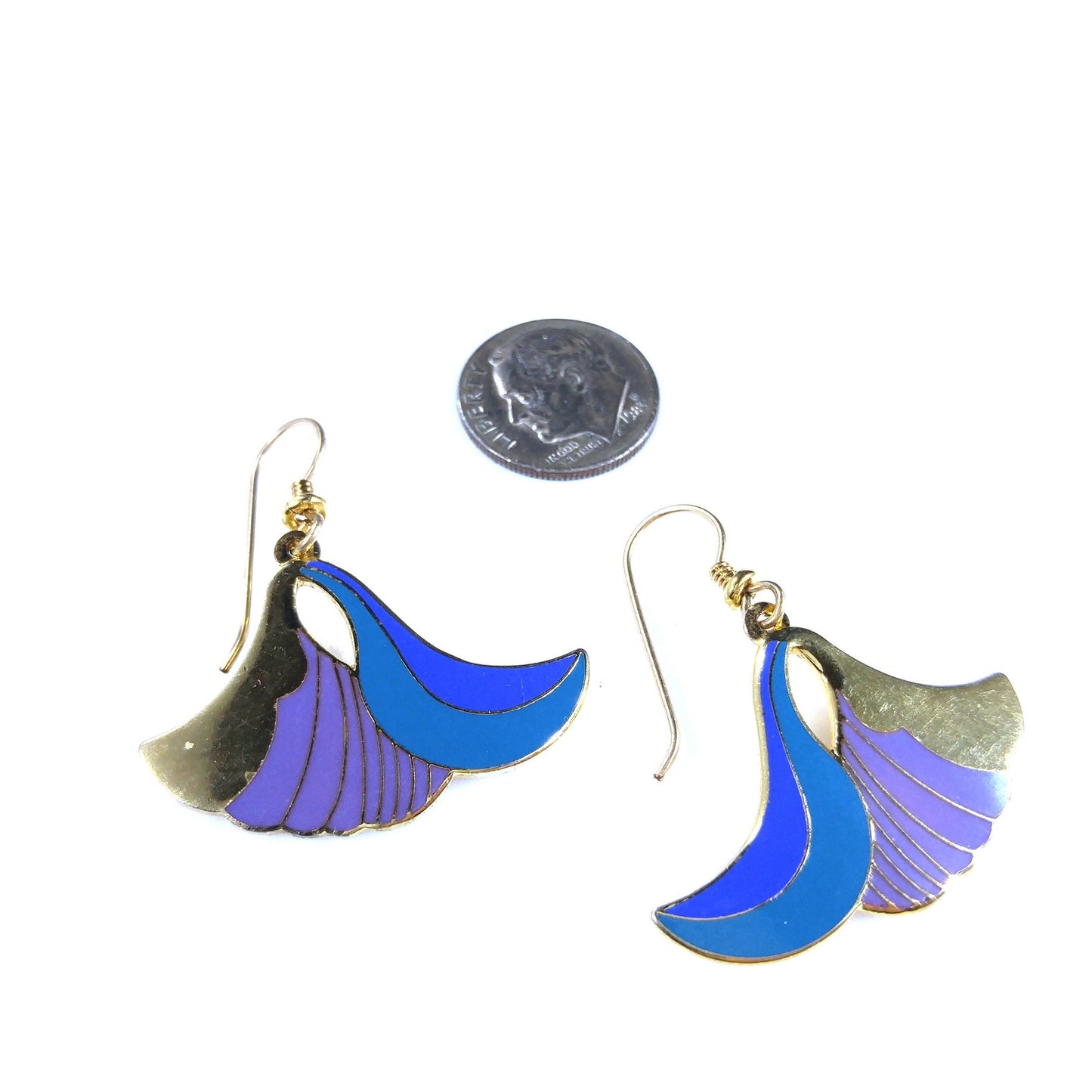 Laurel Burch "Egyptian Flower" Dangle Earrings, Gold Plated Cloisonne, Enamel Teal Purple, 1980s Vintage Jewelry