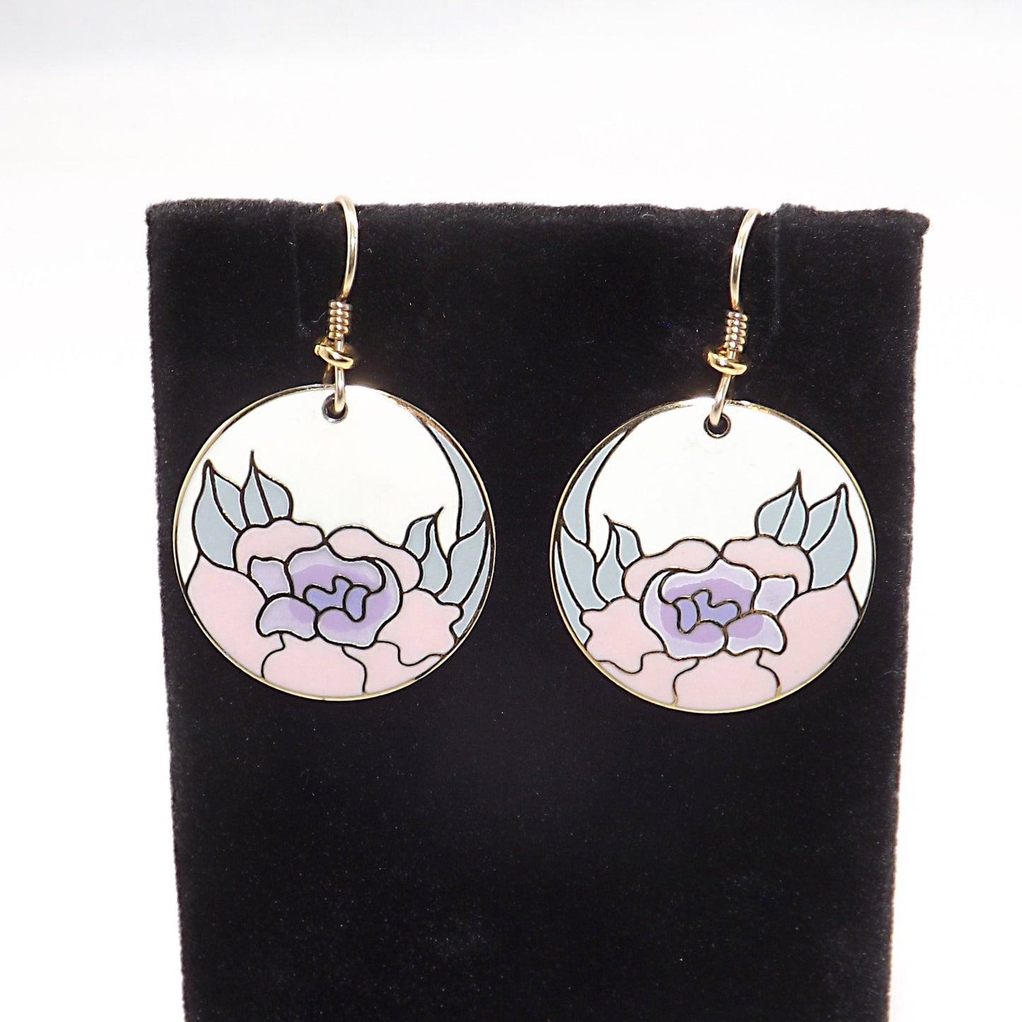 Laurel Burch "Garden Rose" Earrings, Cloisonné Gold Plated, 1980s
