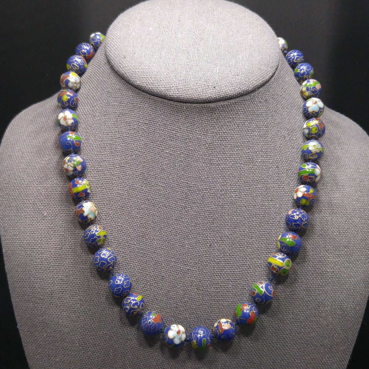 Cloisonne Blue Beaded Necklace, Floral Hand Painted Beads, 1960s Vintage Jewelry