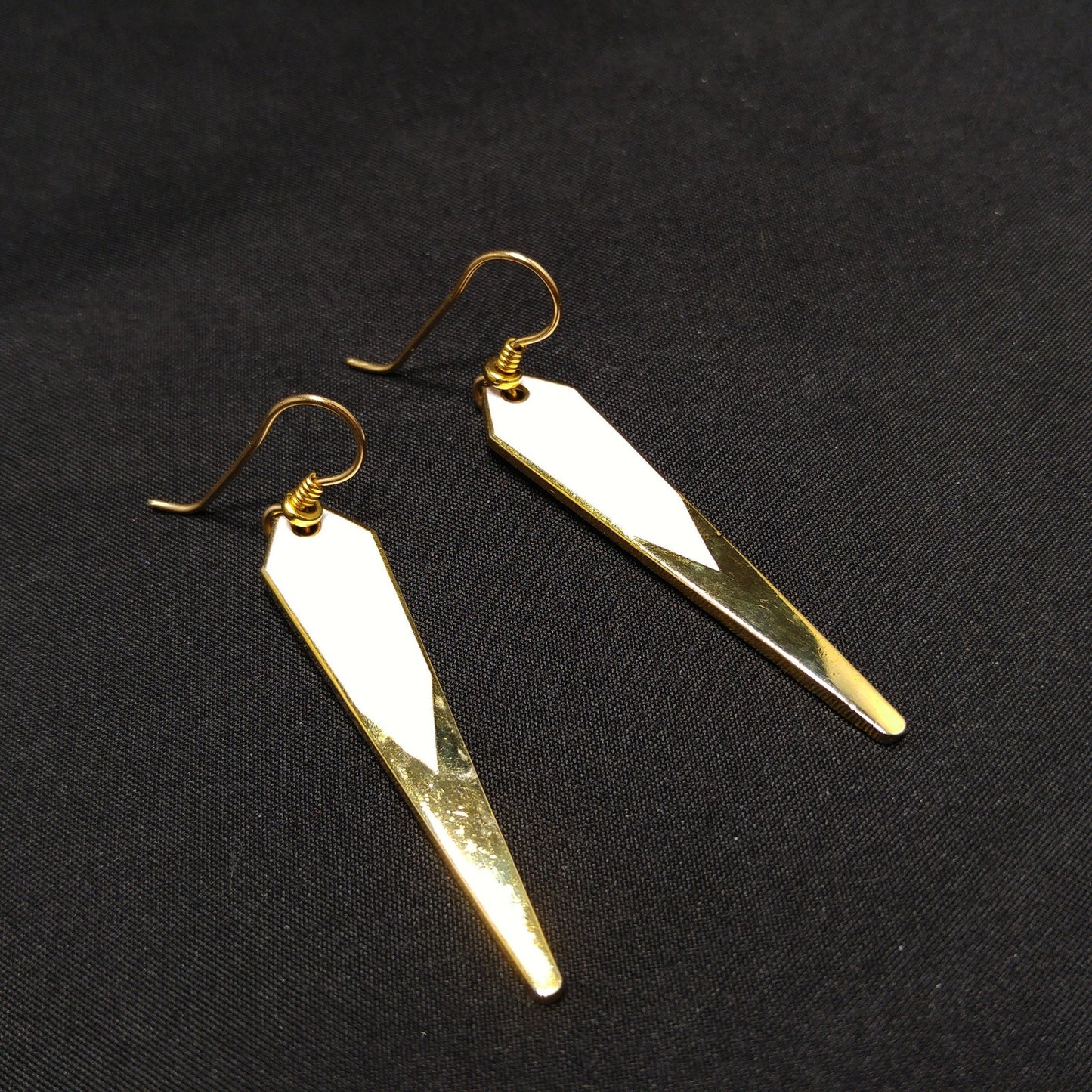 Vintage Laurel Burch Long Earrings, White Enamel, Gold Plated