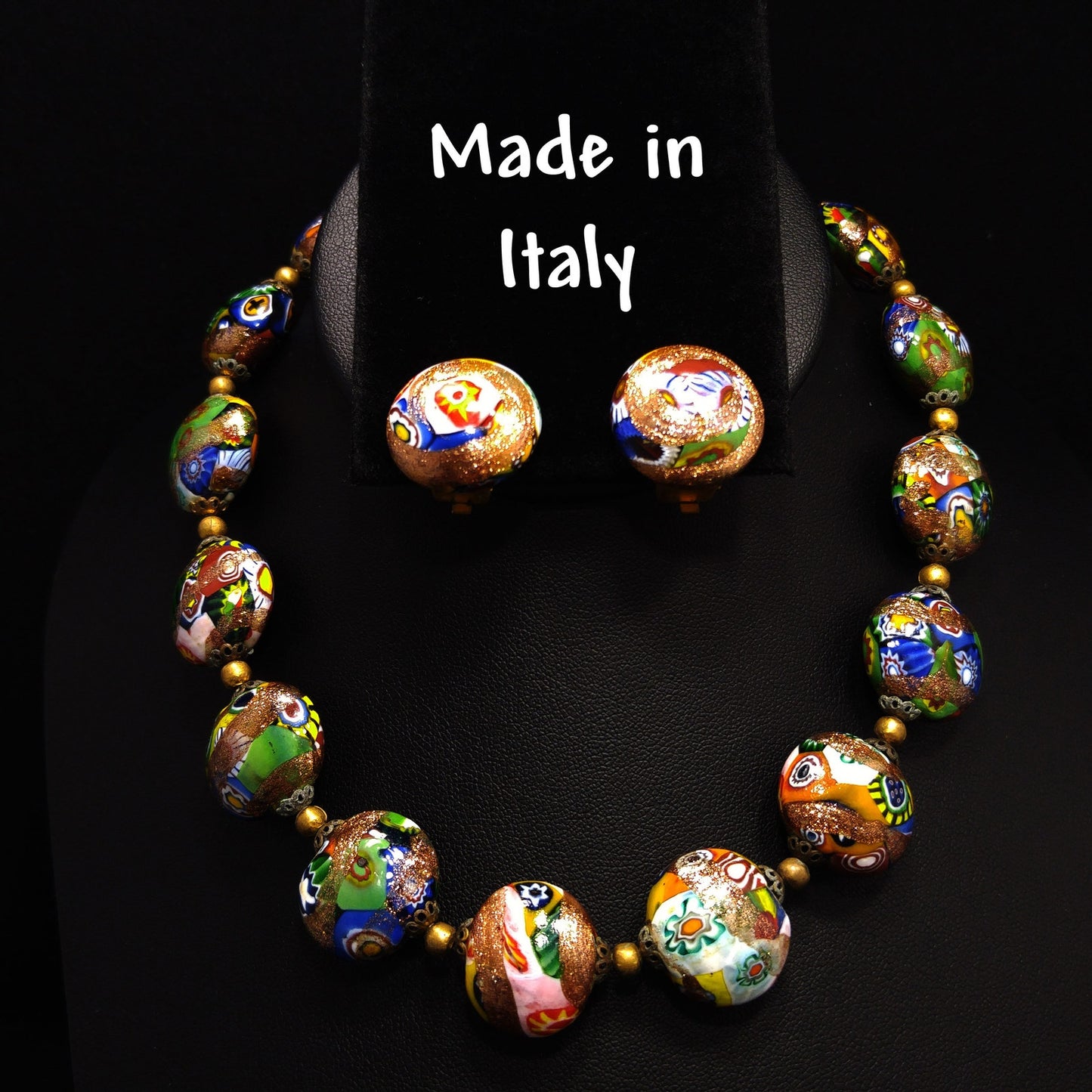 Italian Millefiori Venetian Glass Necklace & Earrings, Aventurine Glitter Beads