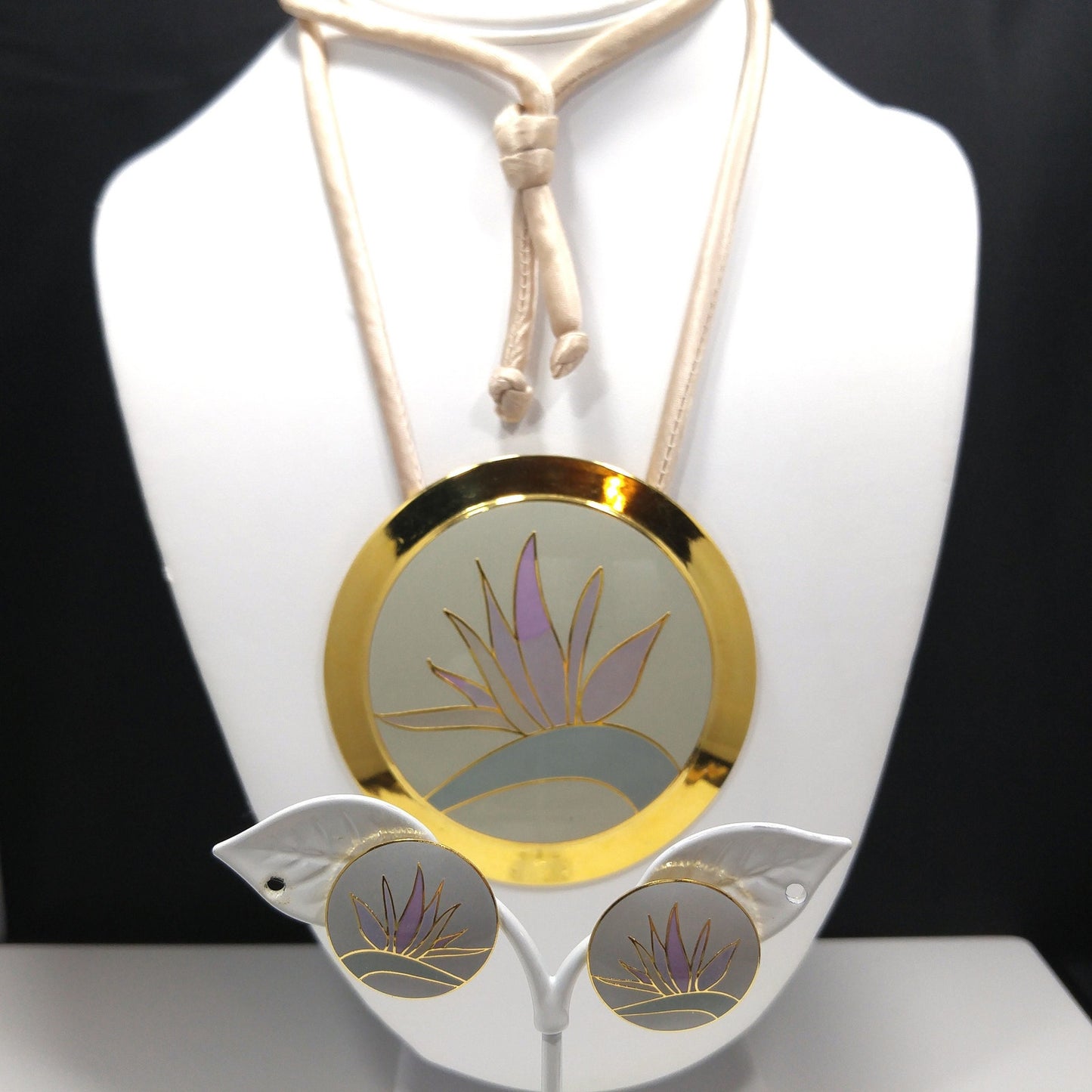 Laurel Burch "Bird of Paradise" Necklace & Earrings Set, Gold Plate Cloisonné Pastel Enamel, 1980s Vintage Jewelry