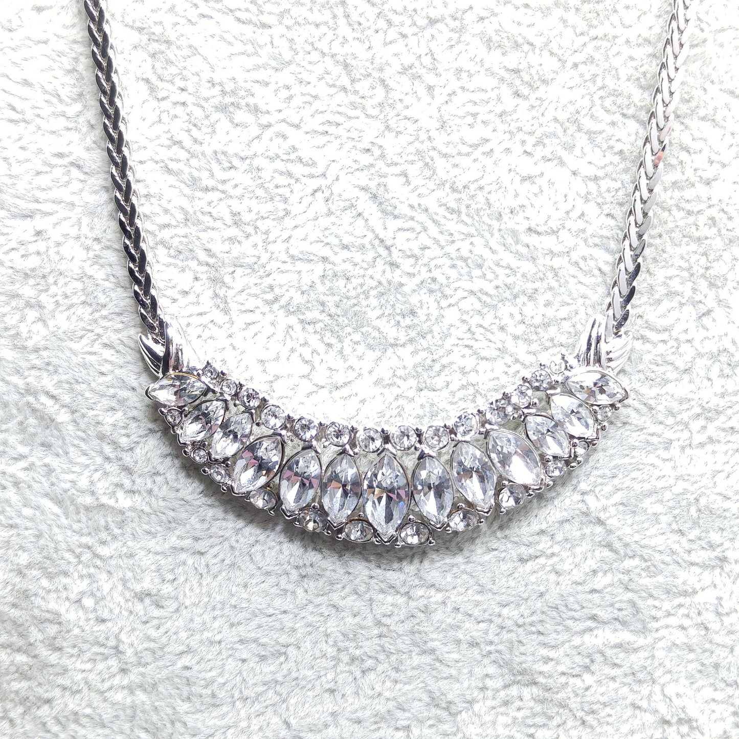 Trifari TM Clear Rhinestone Frontal Necklace, Silver Tone, 1980s Vintage Jewelry