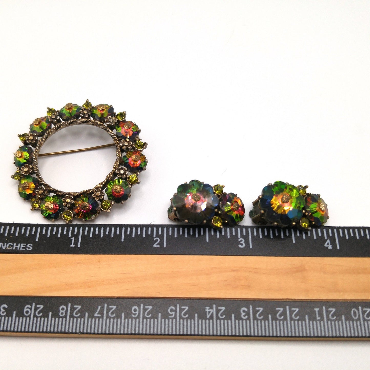 Vintage Weiss Margarita Rhinestone Brooch Earrings Set, Green Rhinestones, 1950s