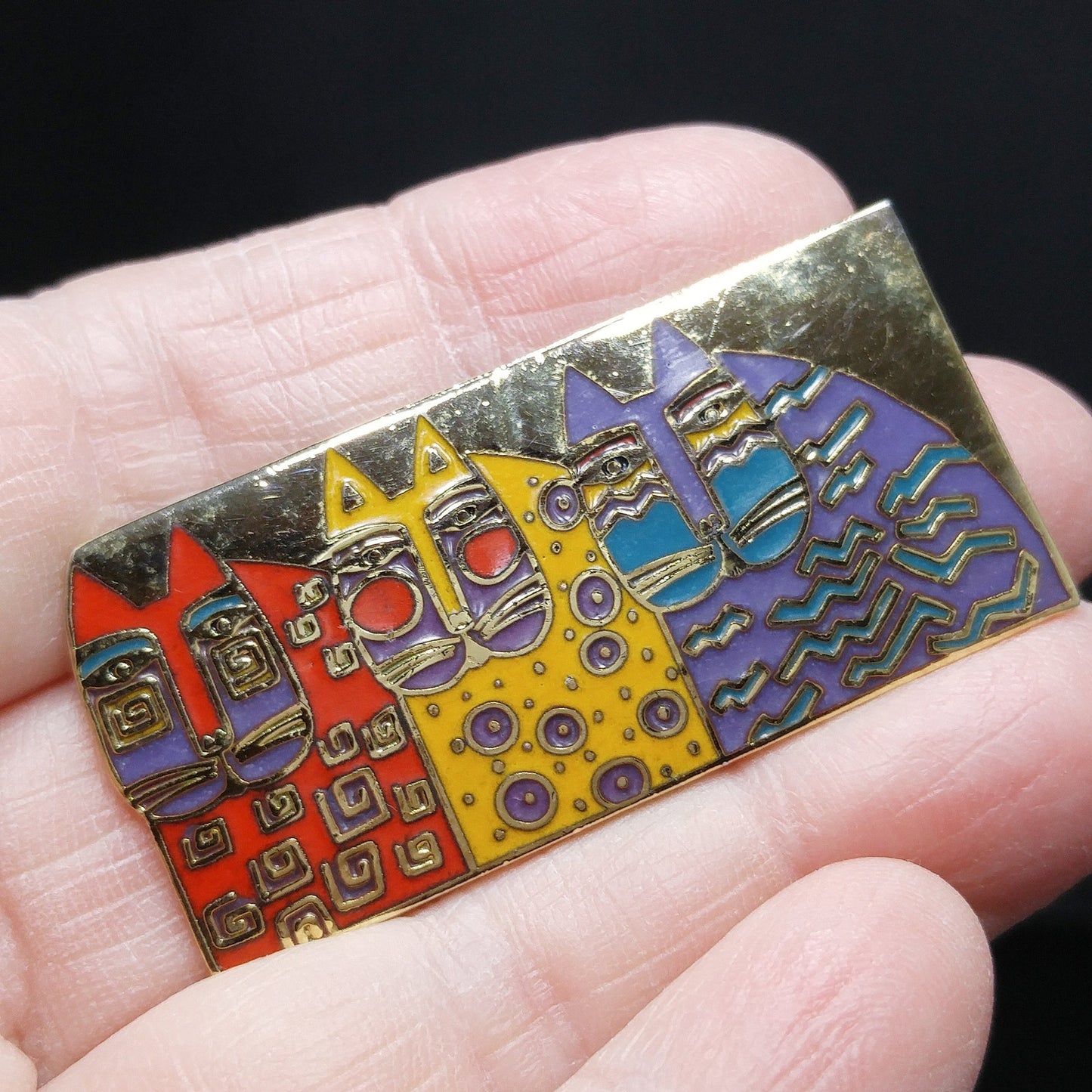 Laurel Burch "Wild Cats" Cloisonné Brooch, Three Cats Pin, 1980s Vintage Jewelry