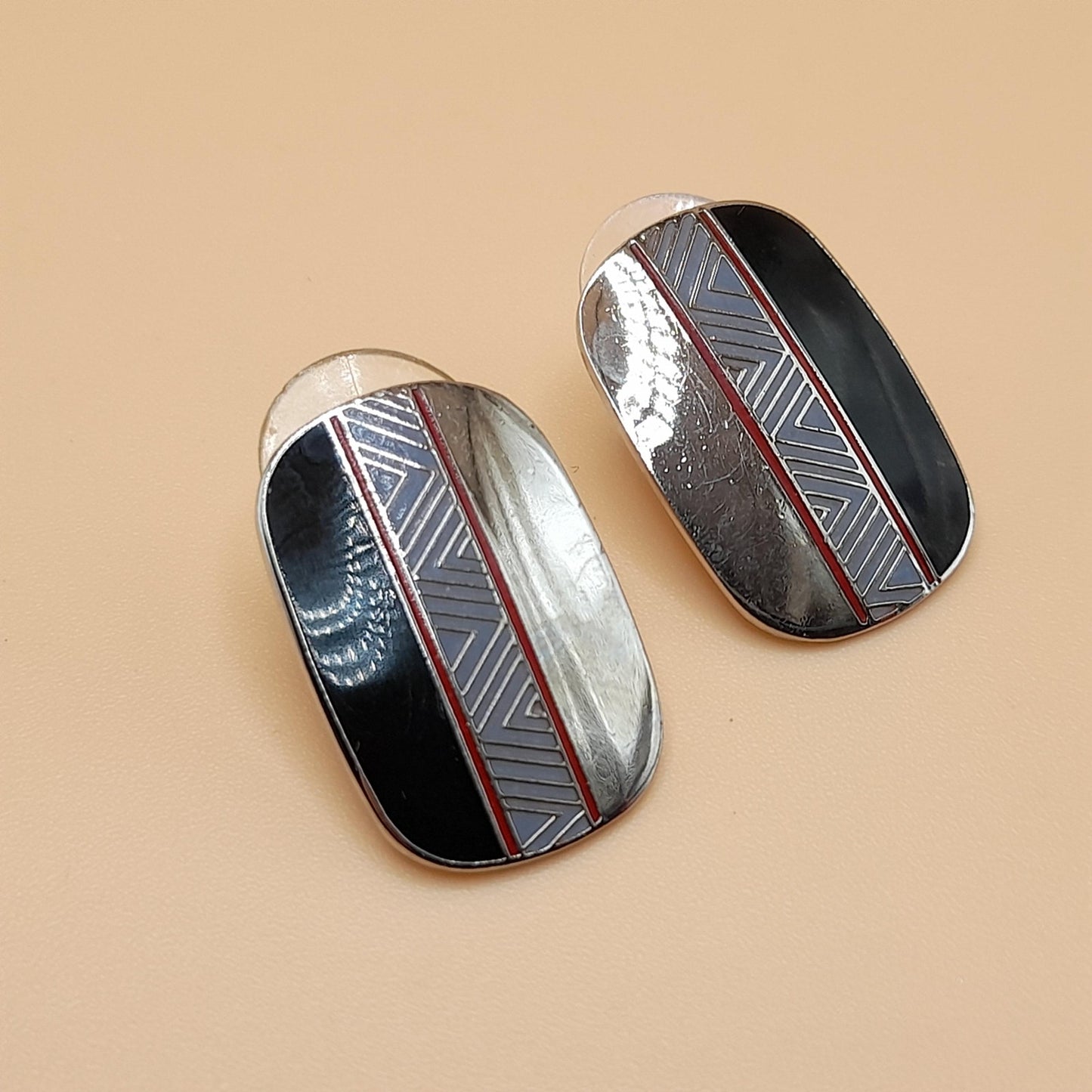 Laurel Burch "Loloma" Post Earrings, Reflective Silver, Red Black Enamel, 1980s