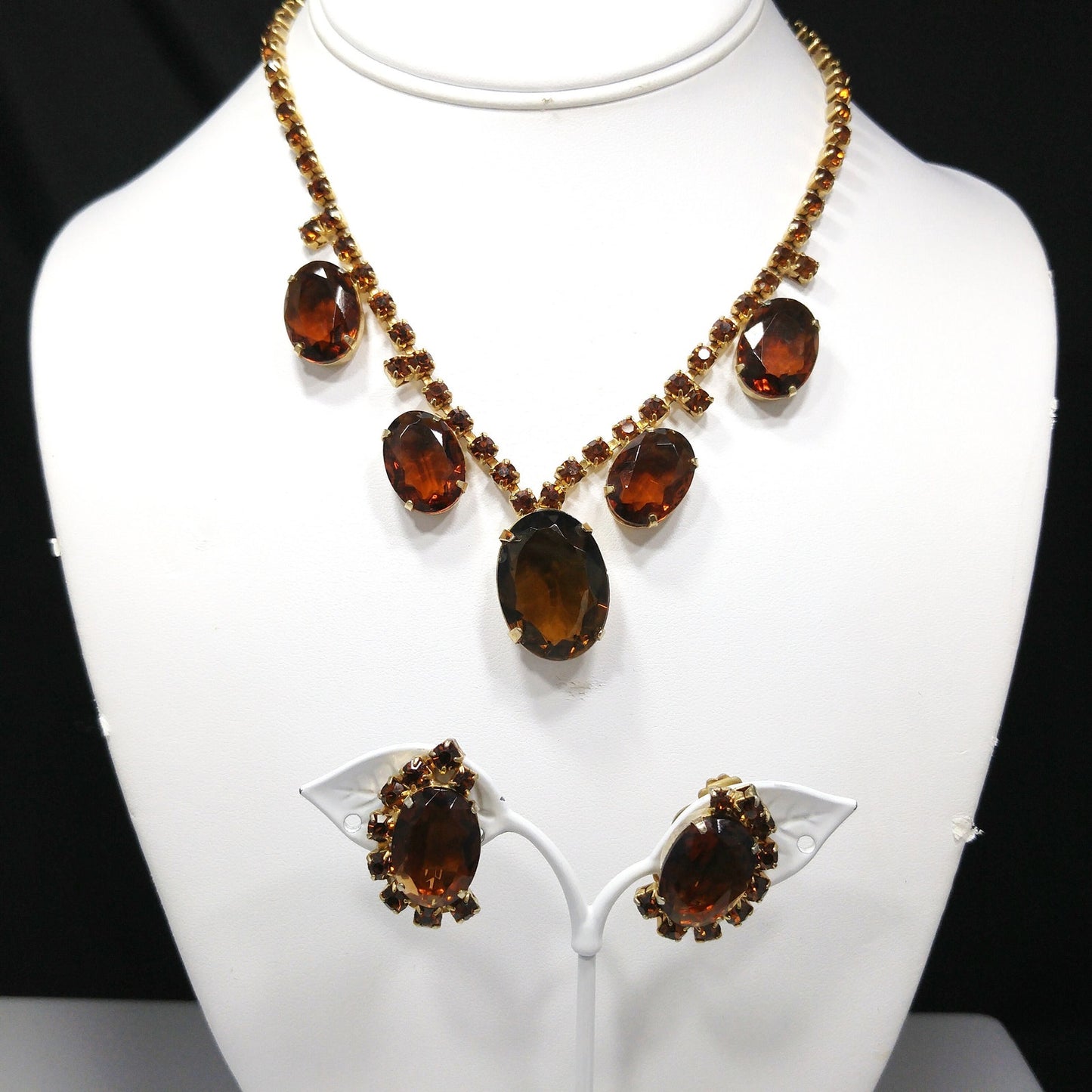 Vintage Topaz Rhinestone Necklace & Earrings, Large Faceted Rhinestones, 1960s Vintage Jewelry