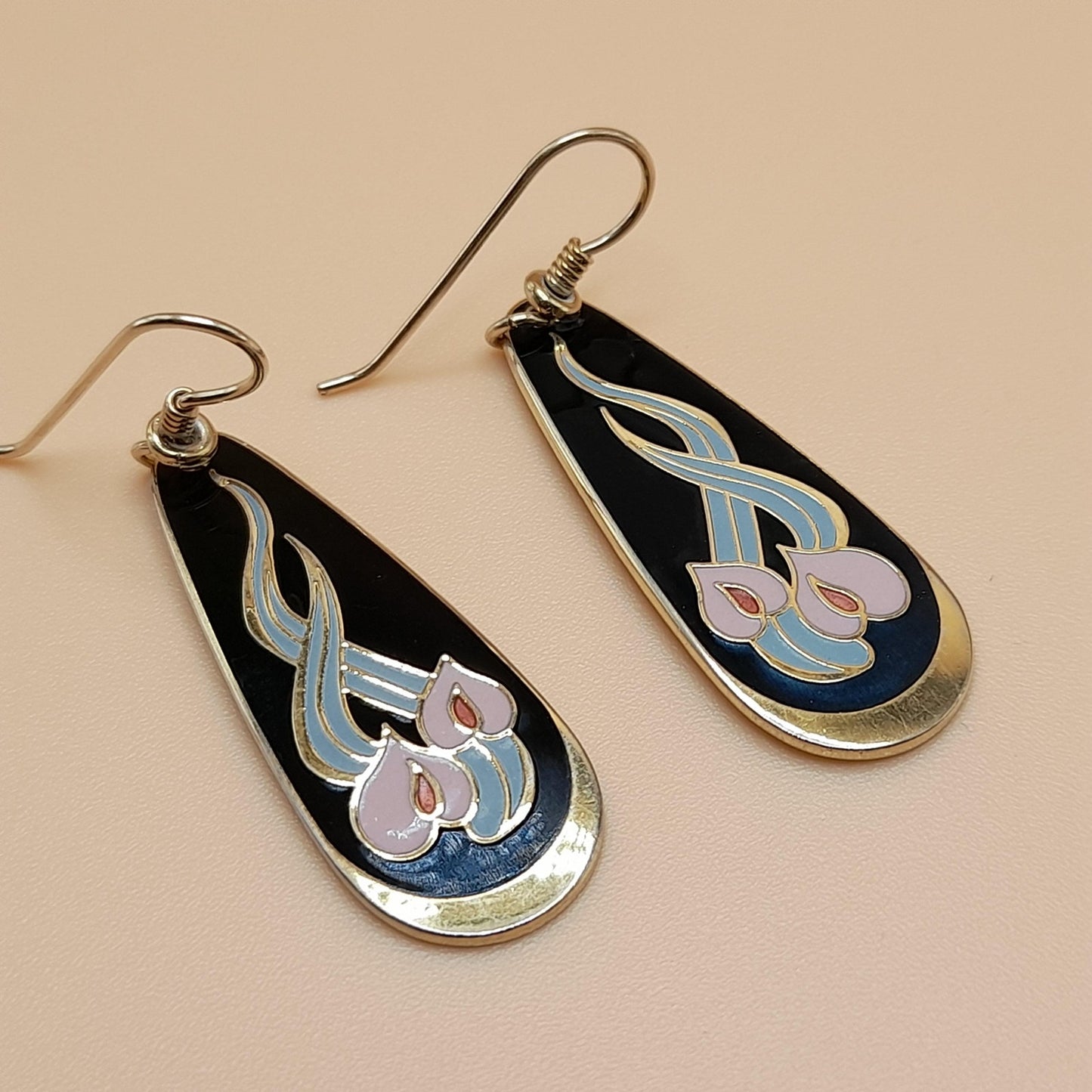 Vintage Laurel Burch "Wild Anthurium" Floral Earrings, Gold Plated, Cloisonné Enamel, 1980s Vintage Jewelry
