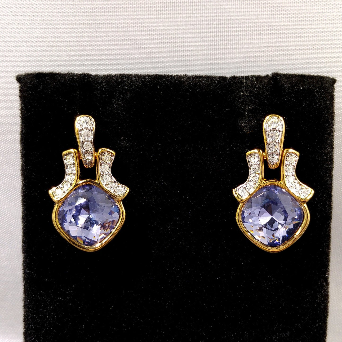 Swarovski Purple Crystal Post Earrings, Gold Plated, Swan Logo, 1990s Vintage
