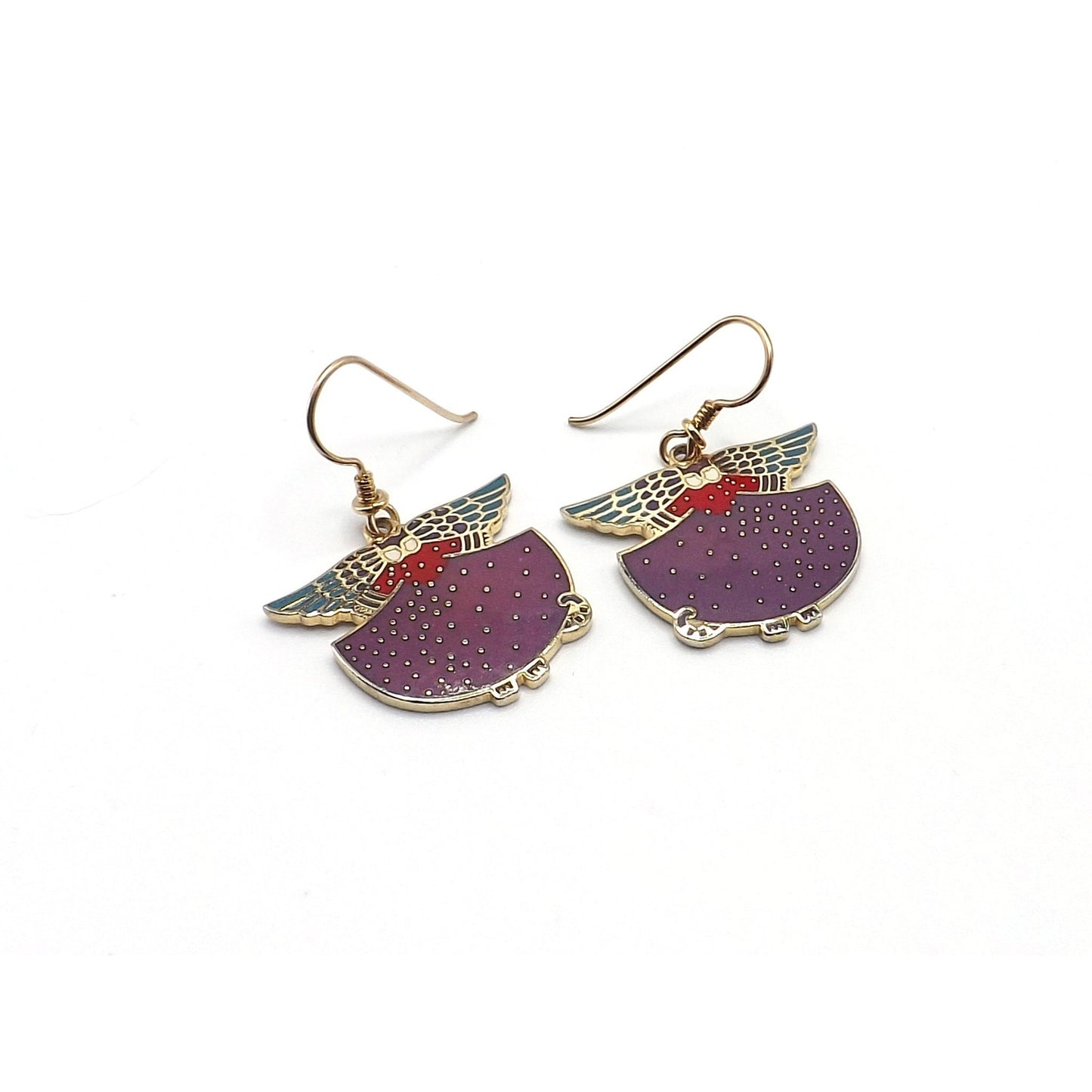 Laurel Burch "Angelicat" Earrings, Gold Plated Cloisonne & Enamel, Cat Lovers Earrings, 1980s Vintage Jewelry
