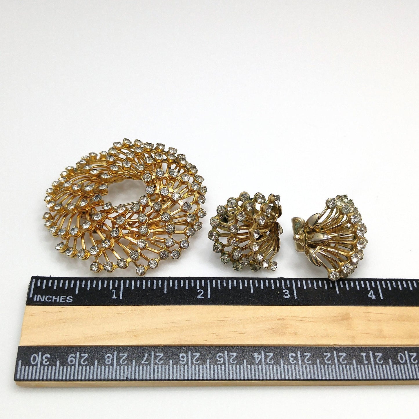 Vintage Hattie Carnegie Rhinestone Brooch & Earrings, Gold Plated, 1950s