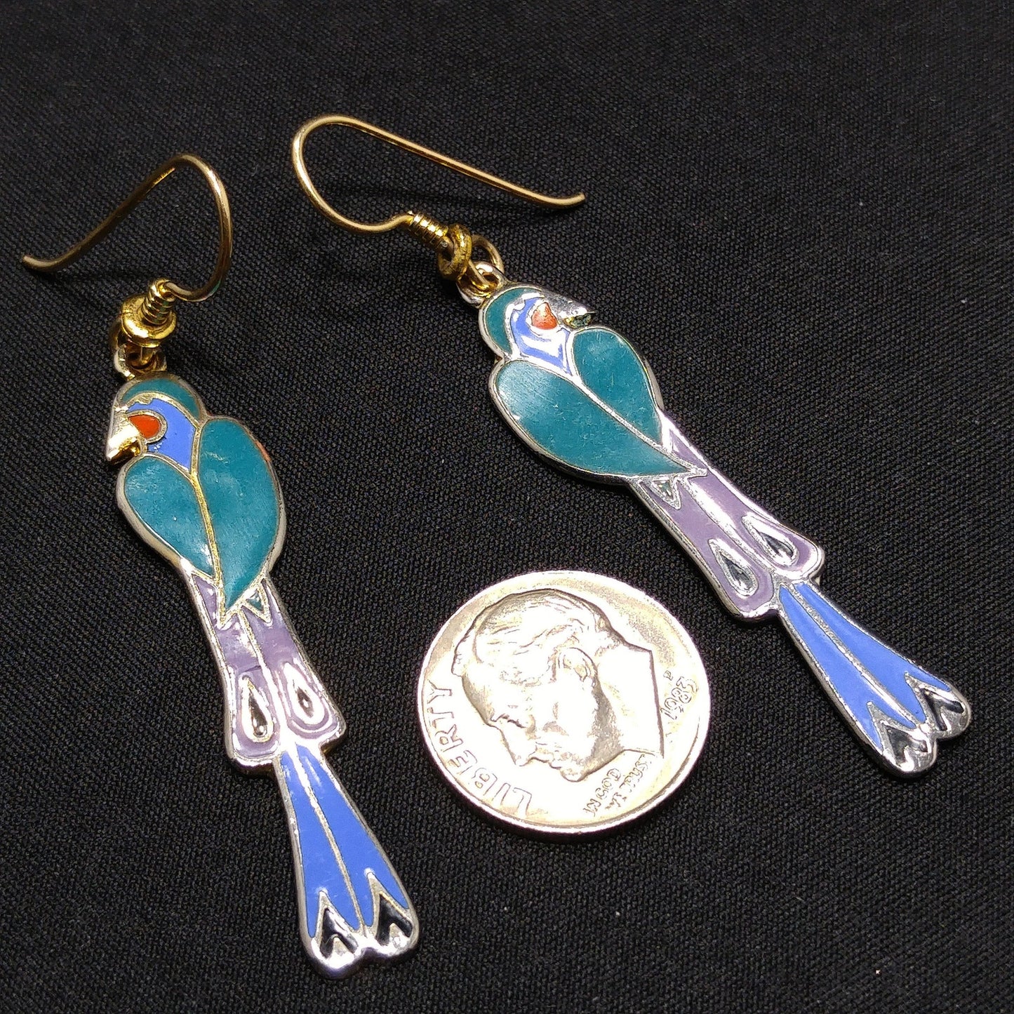 Laurel Burch "Mayan Bird" Long Earrings, Cloisonne & Enamel, 1980s Vintage