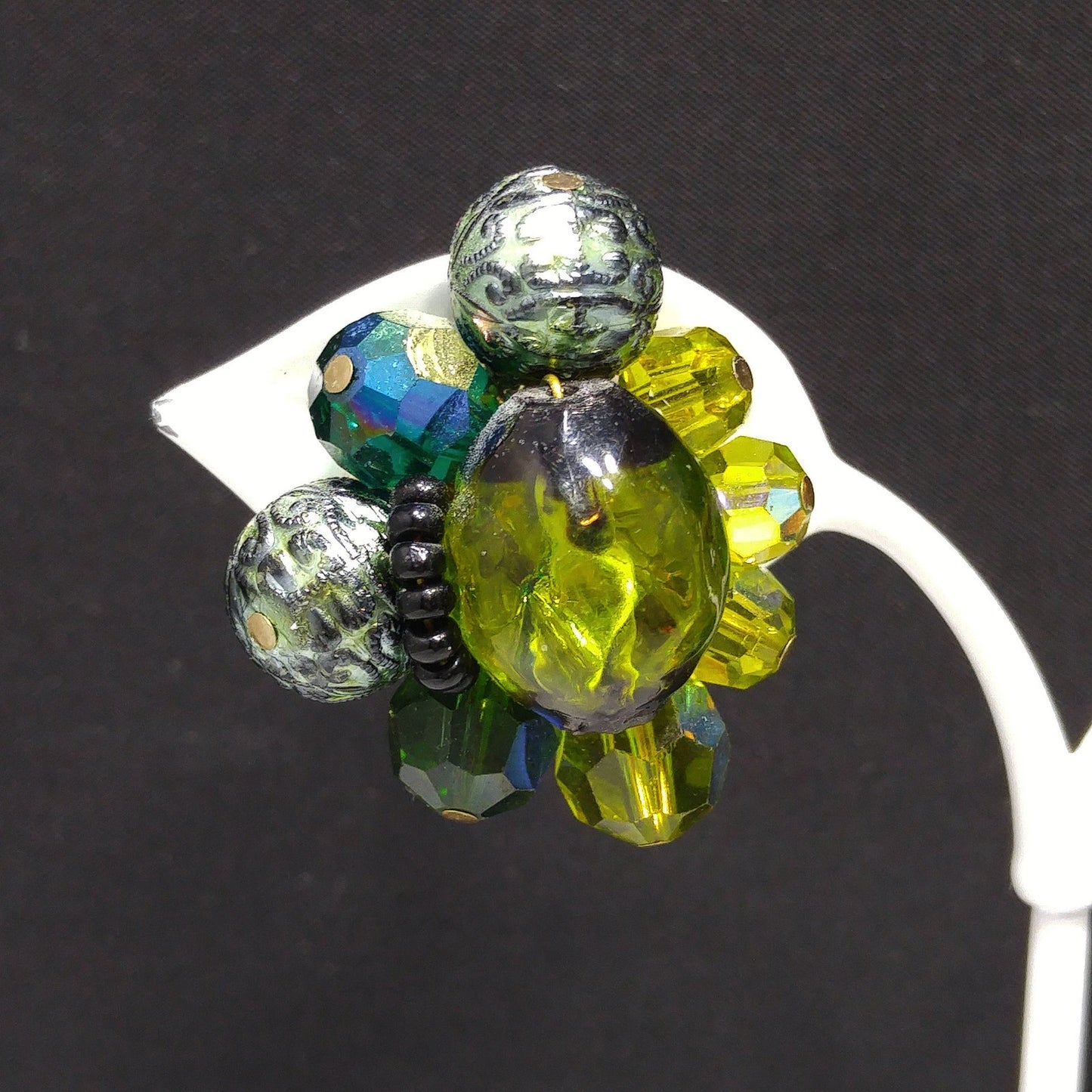 Vendome Green Beaded Earrings, Art Glass Aurora Borealis Beads, 1960s Vintage Jewelry