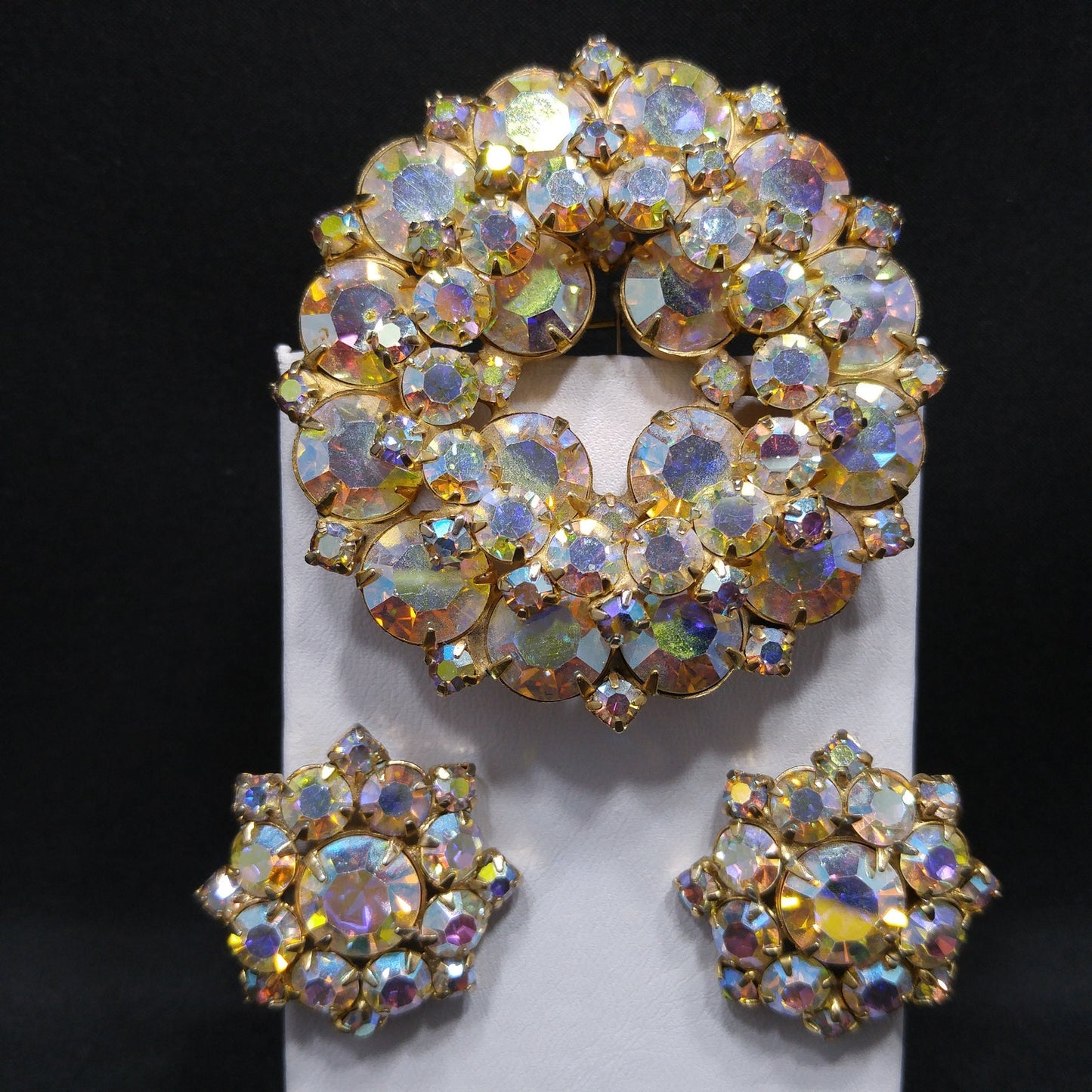 Vintage Unsigned Juliana or Weiss Brooch Earrings Set, Gold Plated, 1960
