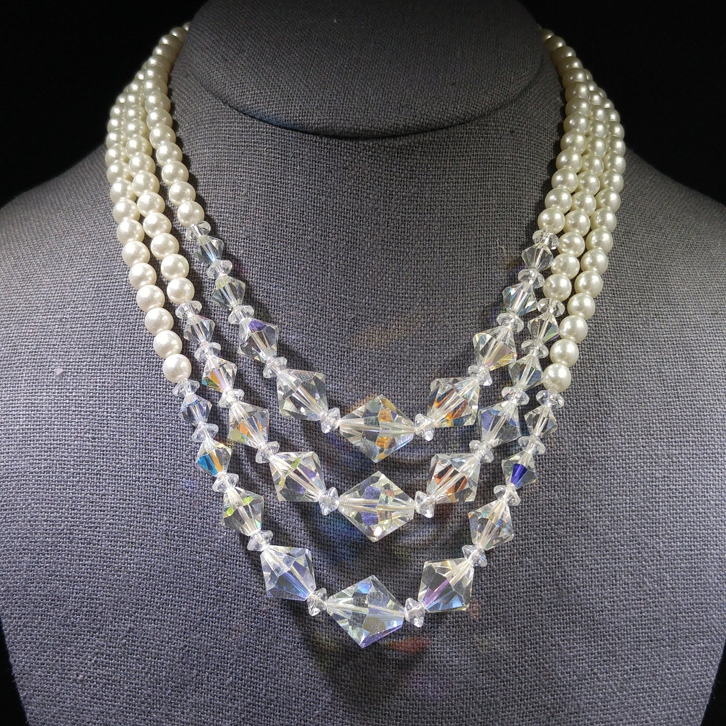 Faux Pearl AB Crystal Beaded Necklace, 3 Strands, 1950s Vintage Jewelry