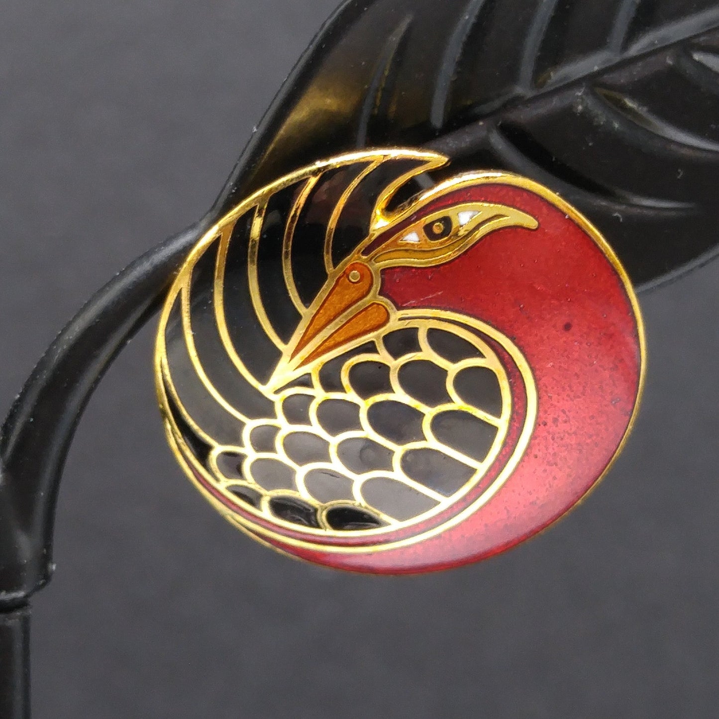 Vintage Laurel Burch "Mynah Bird" Post Earrings, Red Black Enamel, Gold Plated