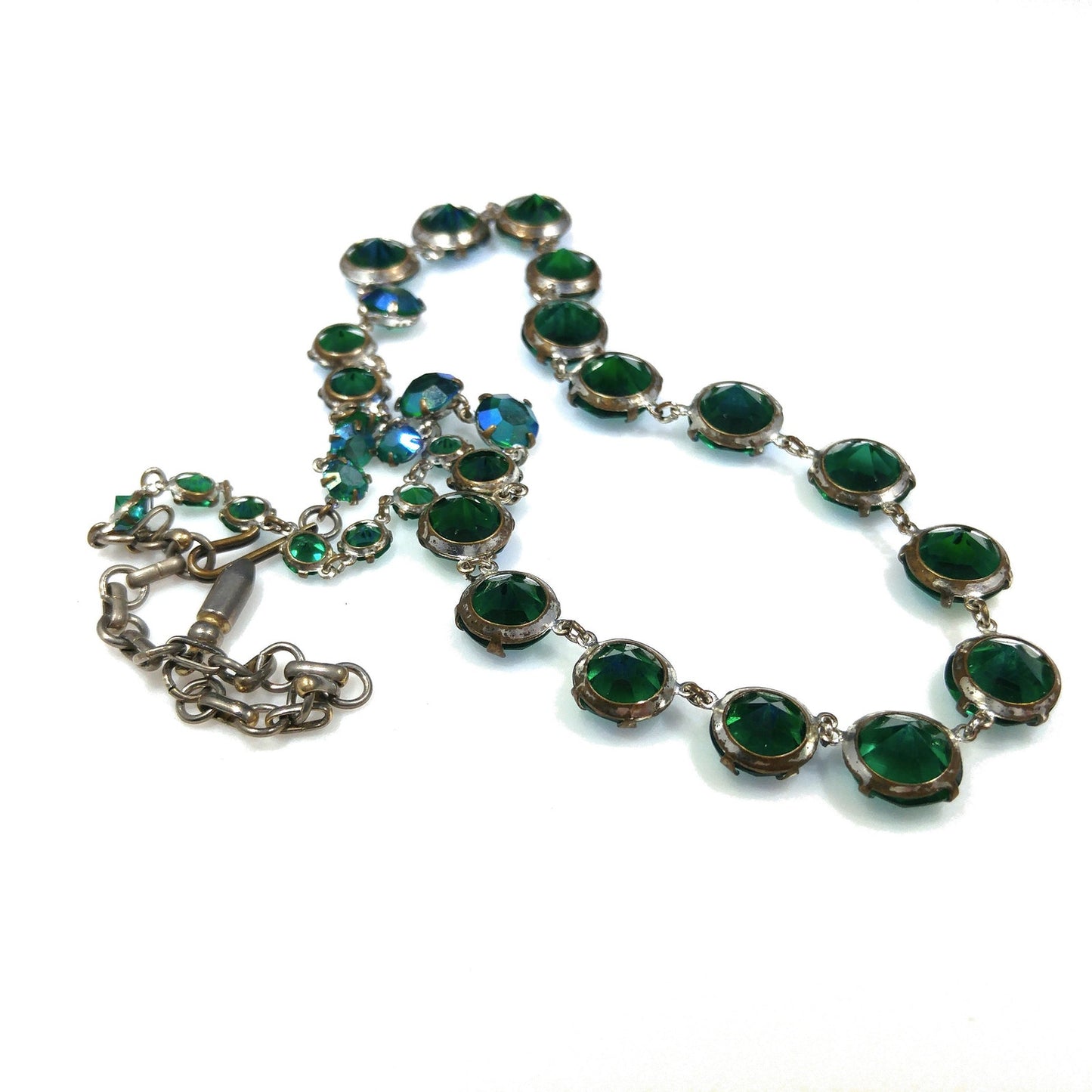 Green Aurora Borealis Crystal Art Deco Rivière Glass Necklace, 20 Inches, 1950s Vintage Jewelry