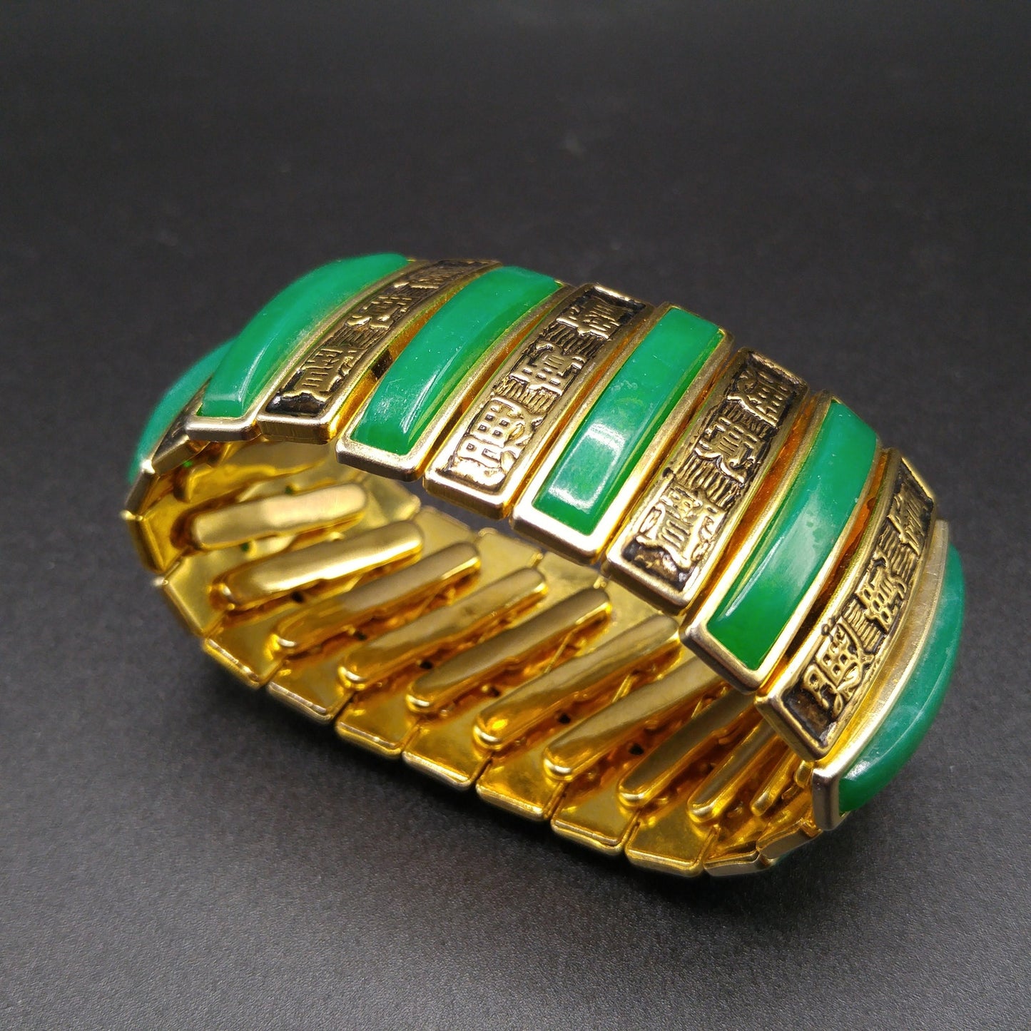 Asian Expansion Wide Bracelet, Green Lucite, Asian Writing, 1960s Vintage Jewelry