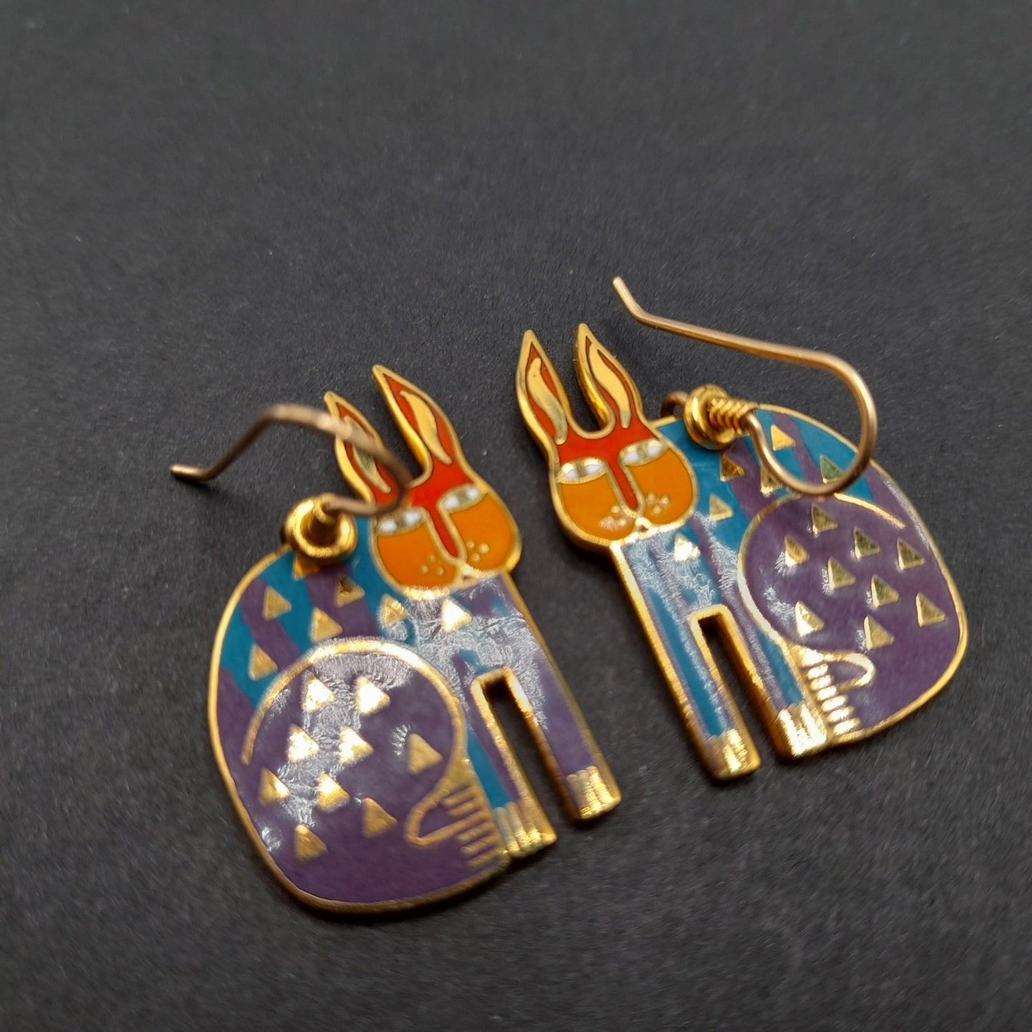 Laurel Burch "Rabbit For Ross" Earrings, Enamel Cloisonne Gold Plated, 1980s