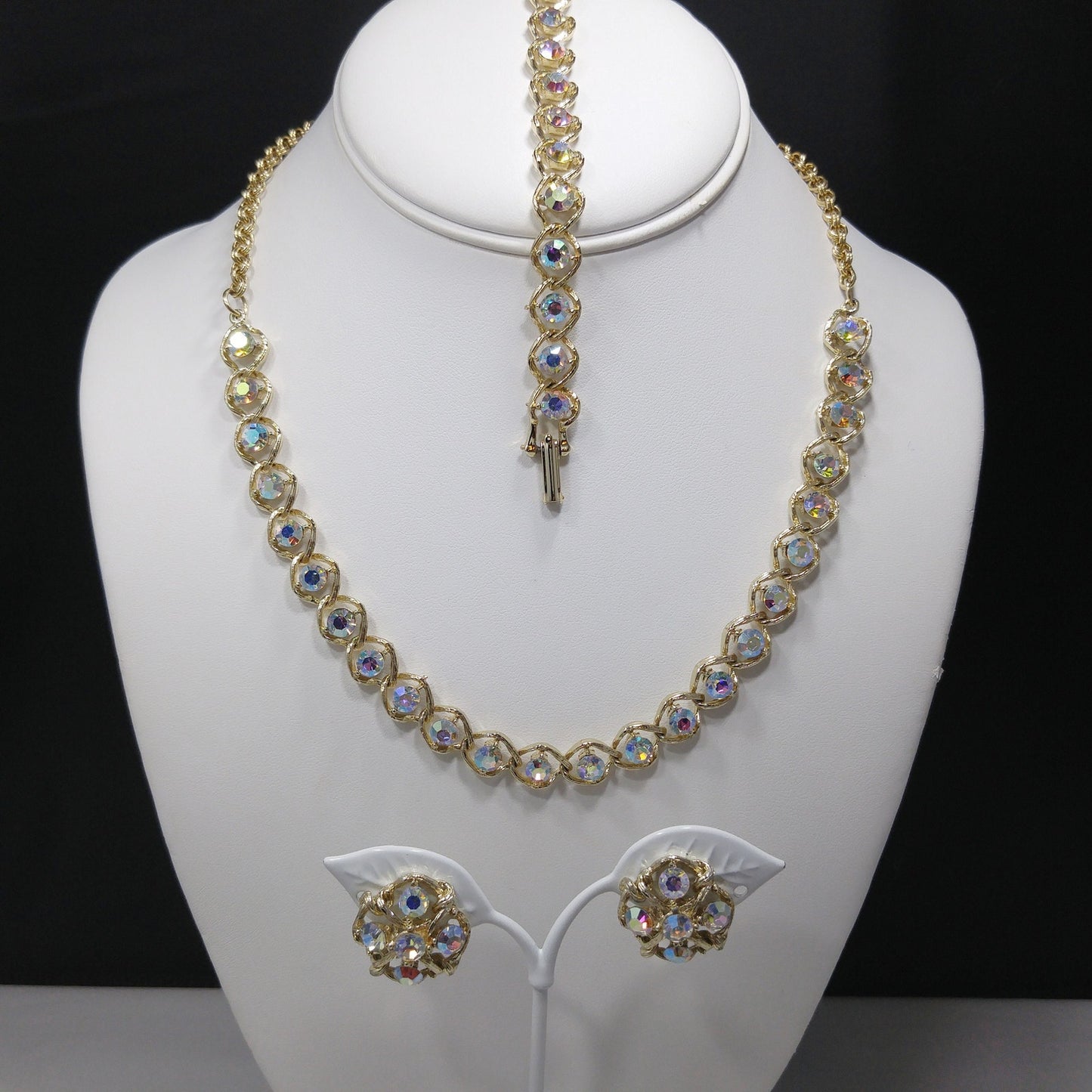 Aurora Borealis Rhinestone Necklace Bracelet & Earrings, Gold Plated, 1960s Vintage Jewelry
