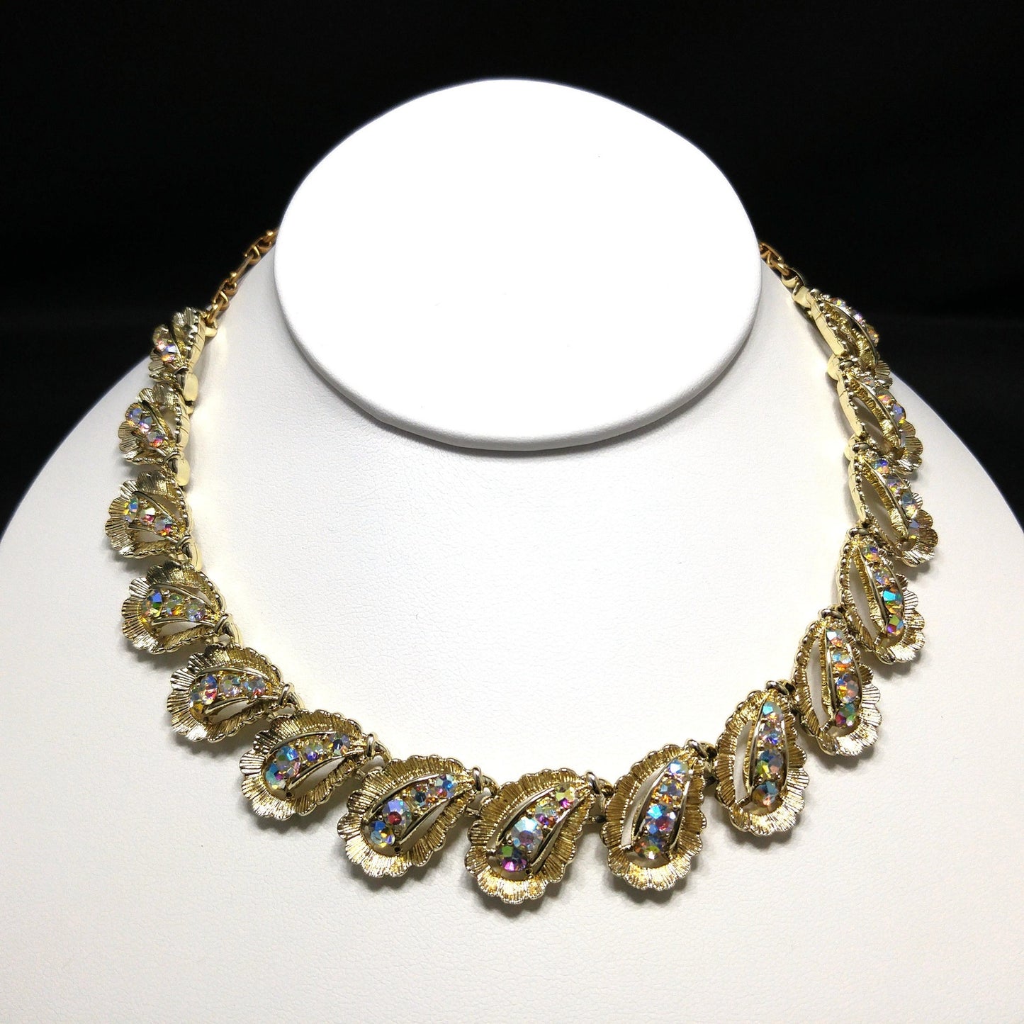 Aurora Borealis Rhinestone Necklace, Gold Plated Choker, 1960s Vintage Jewelry
