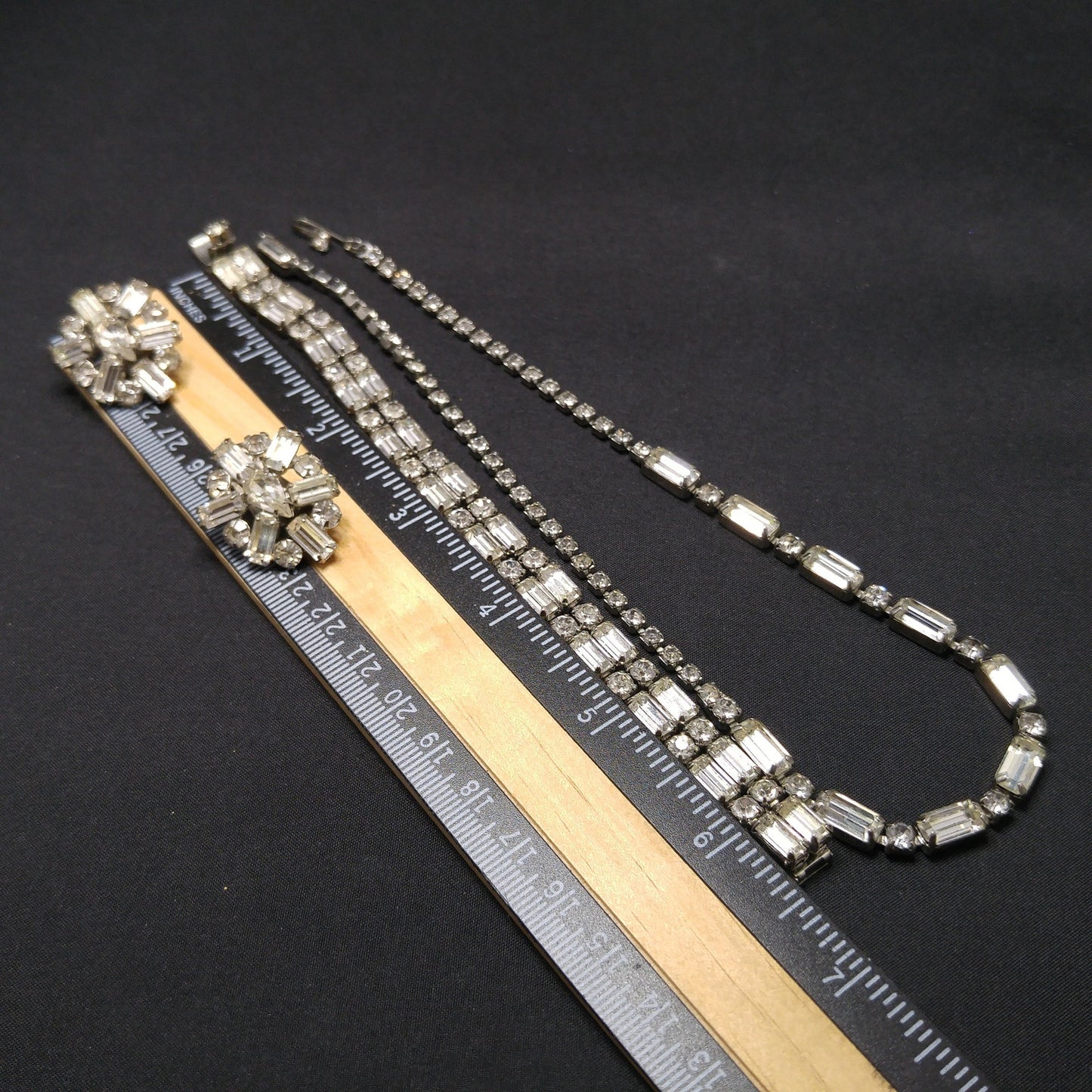 Vintage Weiss Earrings Bracelet & Necklace, Clear Rhinestones, Rhodium Plated