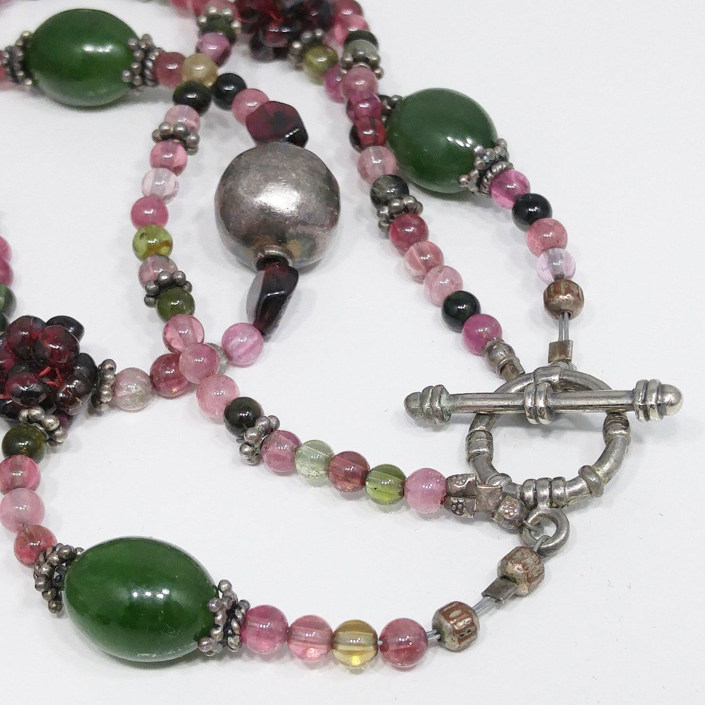Vintage Gemstone Beaded Necklace, Garnet Clusters, Two Strands, 1990s Vintage Jewelry