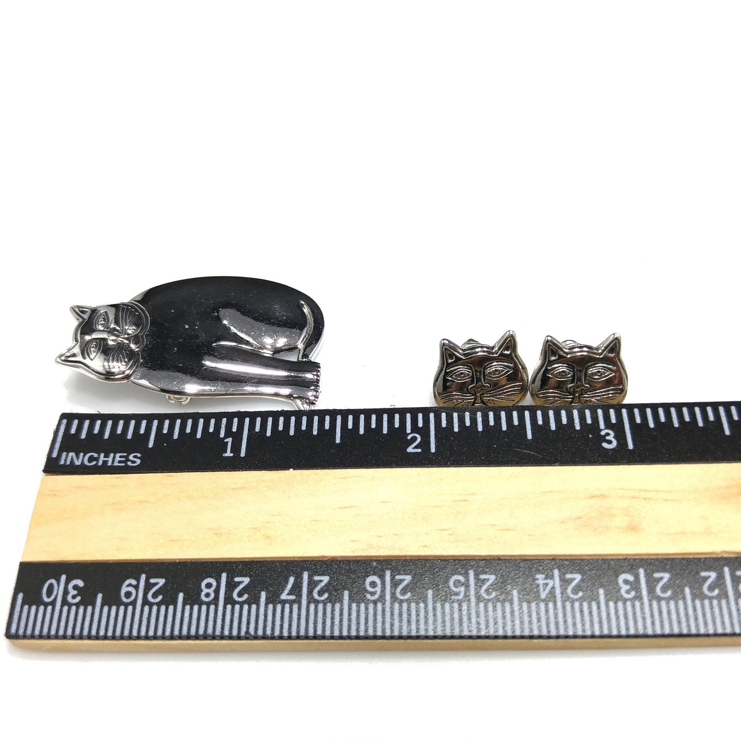 Laurel Burch Cat Brooch & Earrings, Rhodium Plated, 1980s Vintage Jewelry