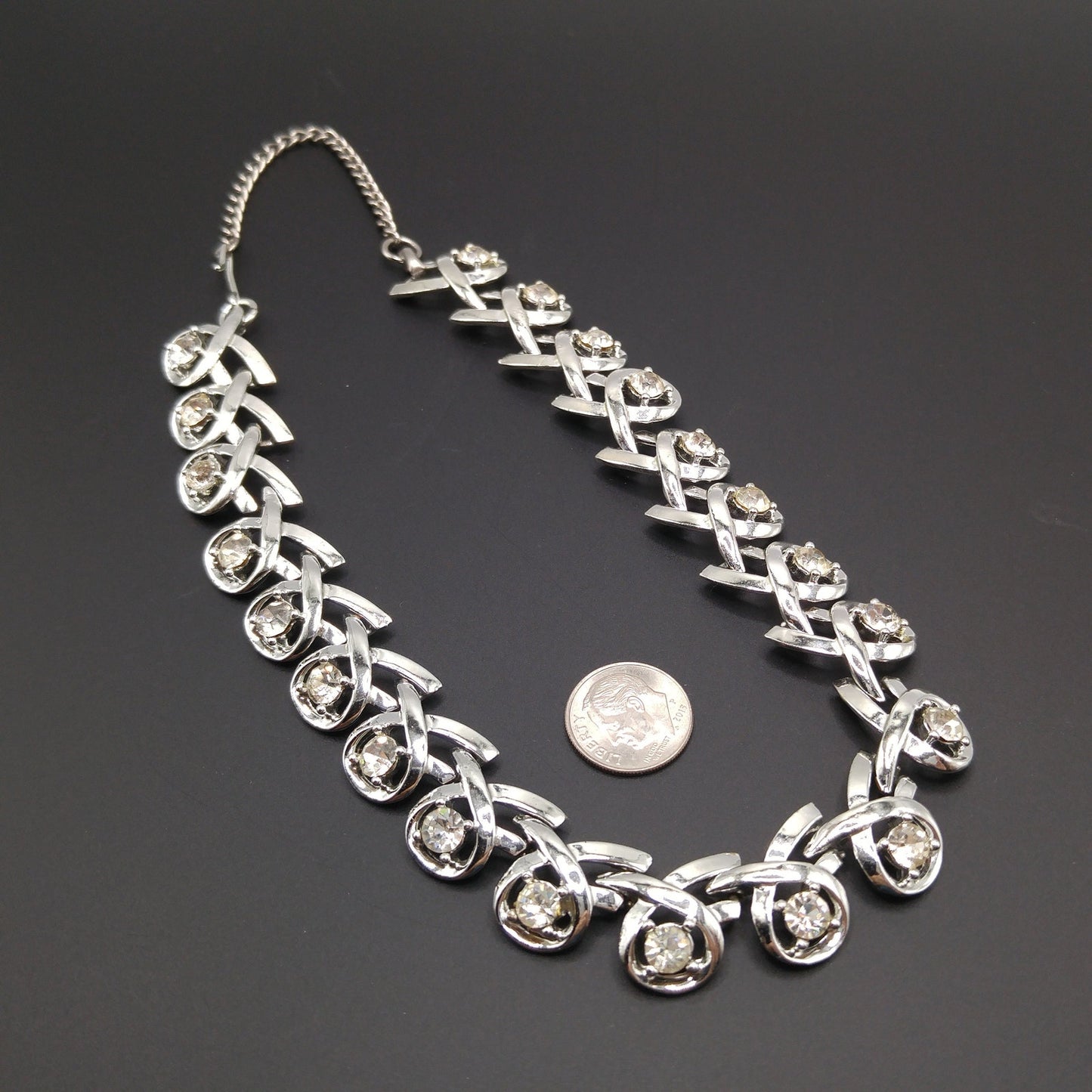 Clear Rhinestone Choker Necklace, Rhodium Plated, 1960s Vintage Jewelry