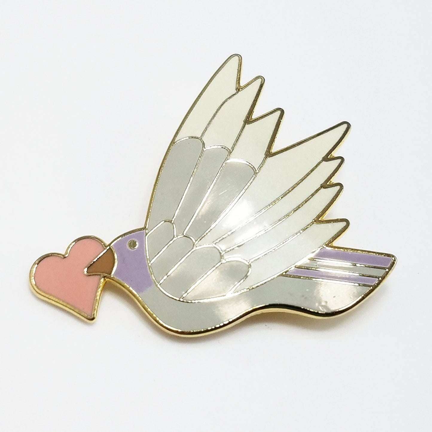 Vintage Laurel Burch "Celeste With Heart" Pendant Brooch, Grey White Enamel Bird