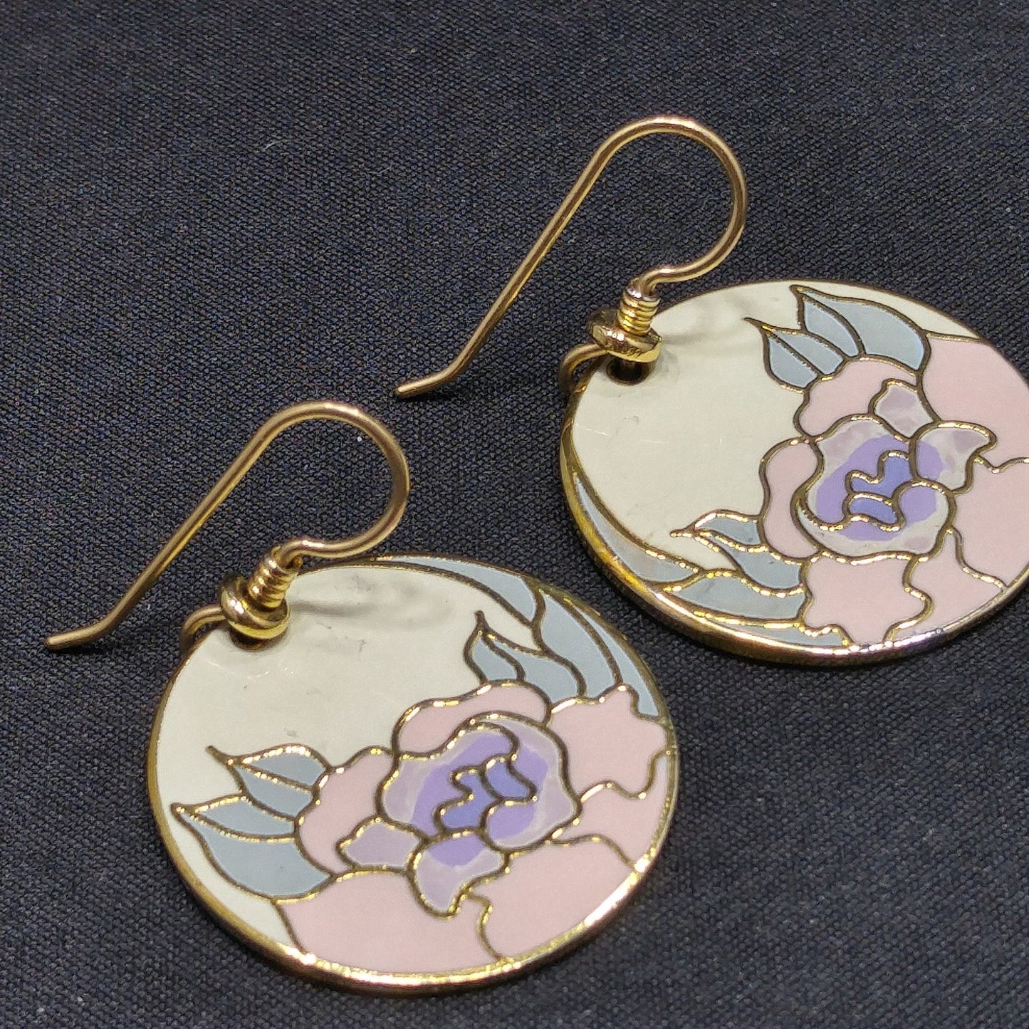 Vintage Laurel Burch "Garden Rose" Earrings, Cloisonné Gold Plated