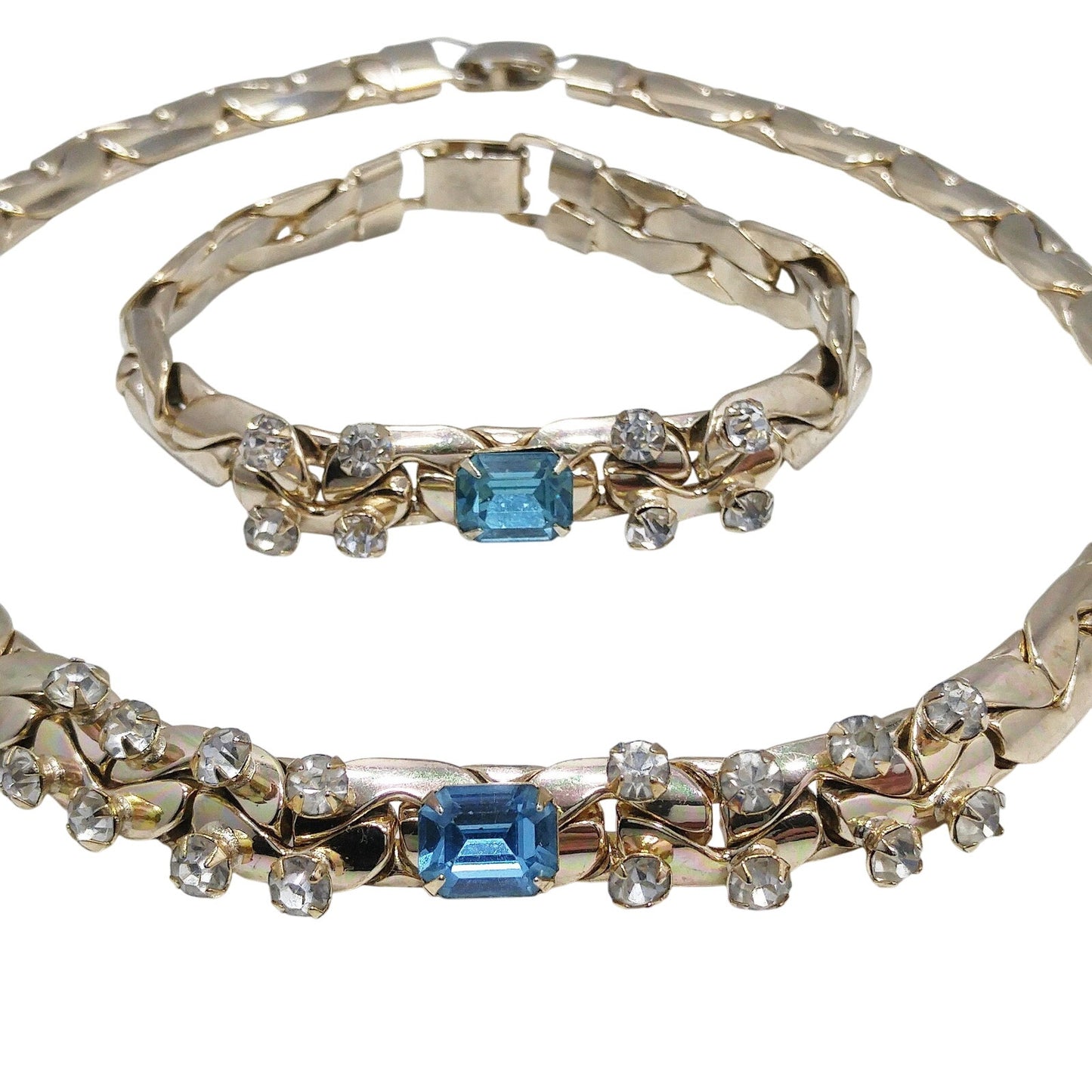 Vintage Gold Tone Chain Rhinestone Necklace & Bracelet Set, Sky Blue