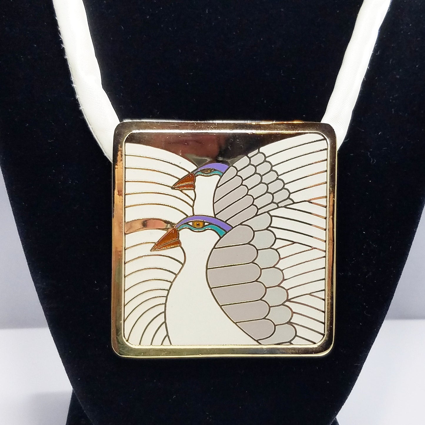 Vintage Laurel Burch "Moon Doves" Pendant Necklace, Gold Plated Cloisonne