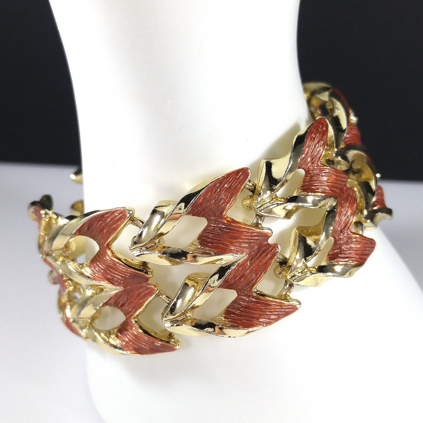 Rust Enamel Gold Plated Wide Link Bracelet, Mid Century Modern, 1950s Vintage Jewelry