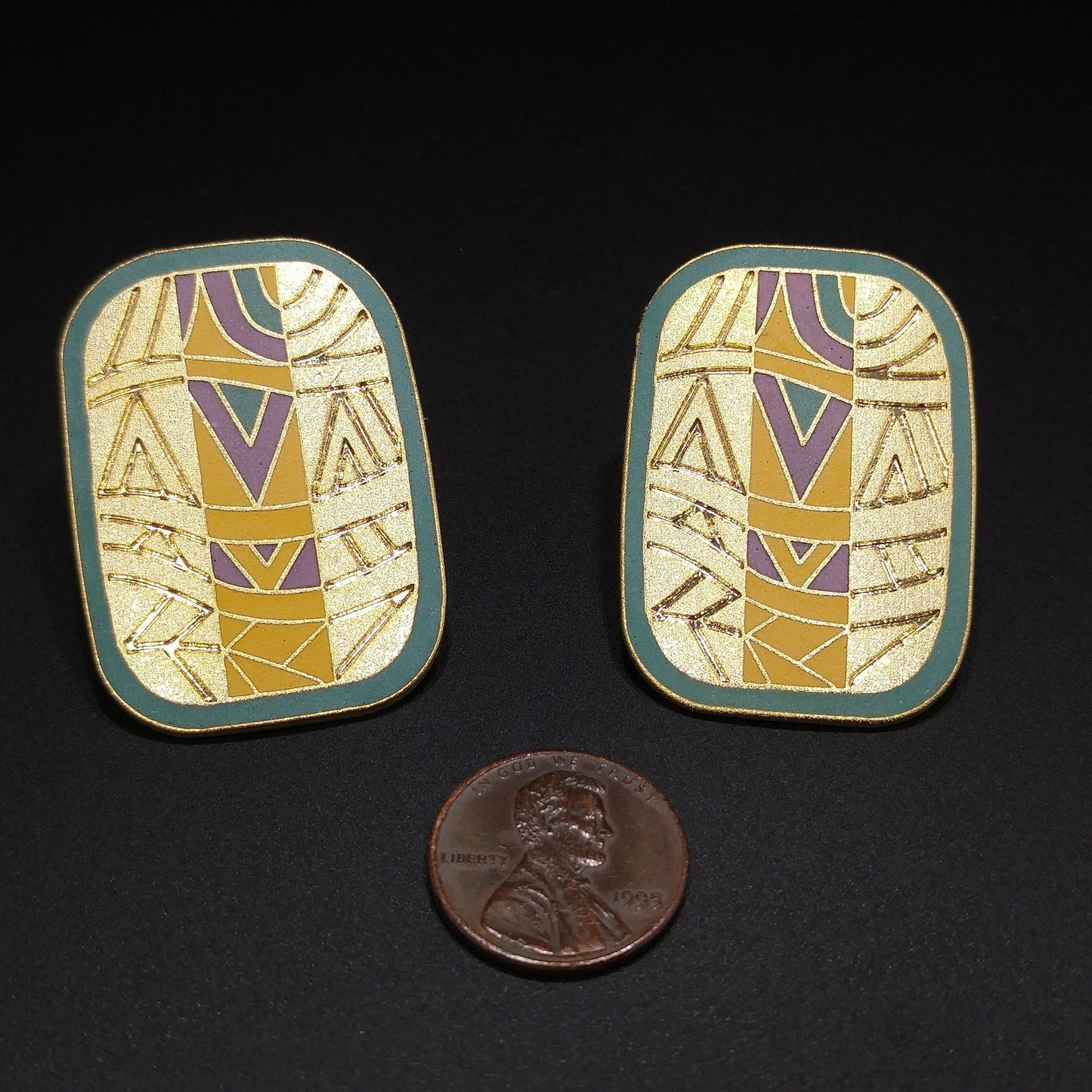 Laurel Burch "Senegal" Large Post Earrings, Cloisonné Gold Plated Enamel, 1980s Vintage Jewelry