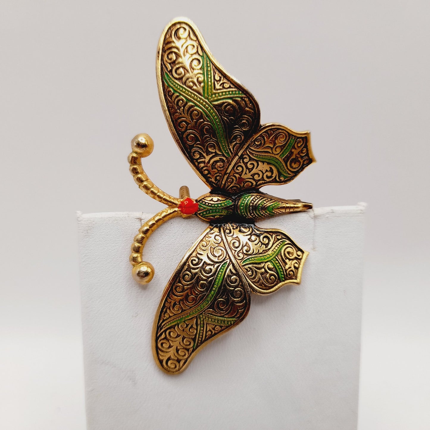Vintage Damascene Butterfly Brooch, Gold Tone Green Black Red Enamel – 2 ¾”