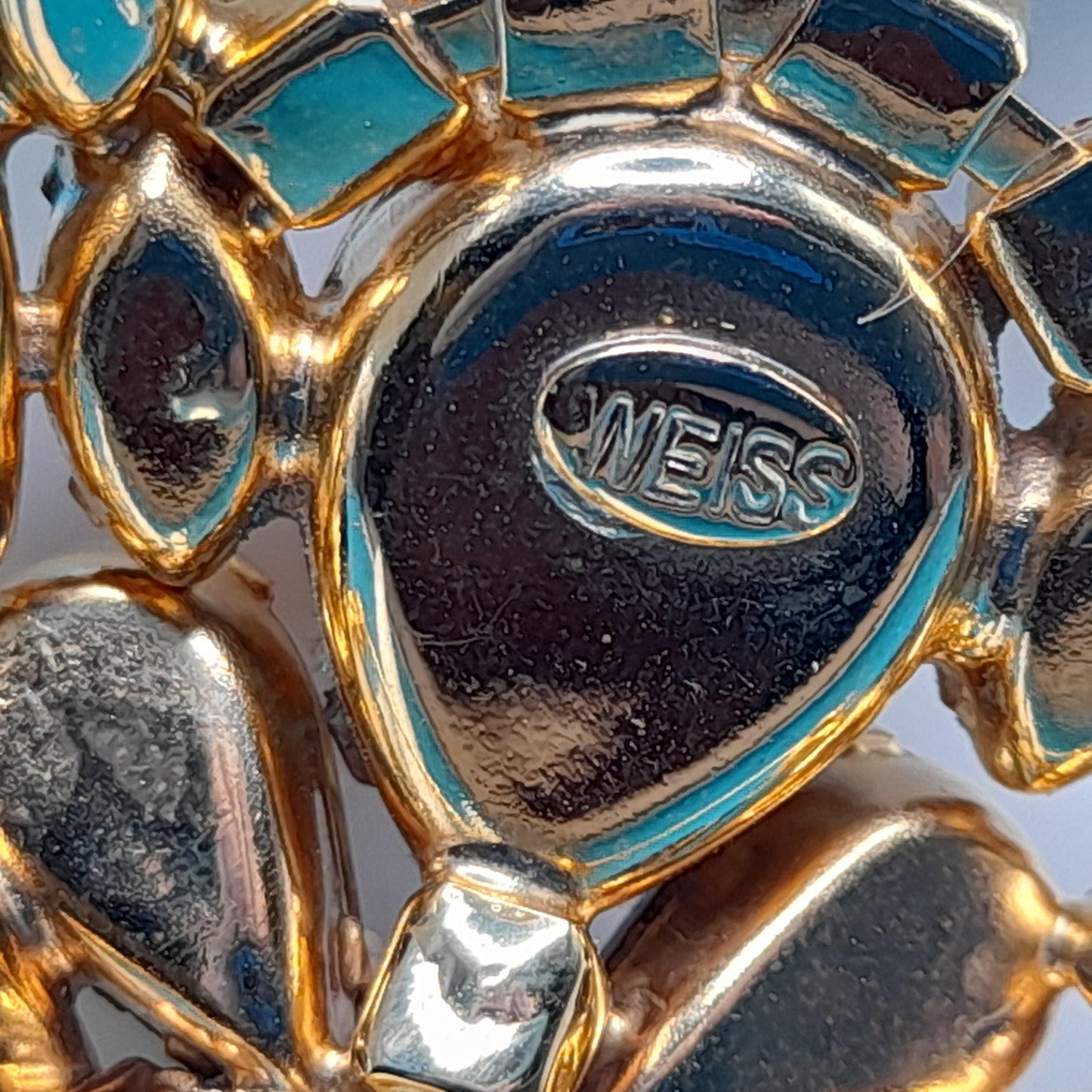 Vintage Weiss Brooch, Art Glass Cabochons, Gold Plated, 1960s Jewelry