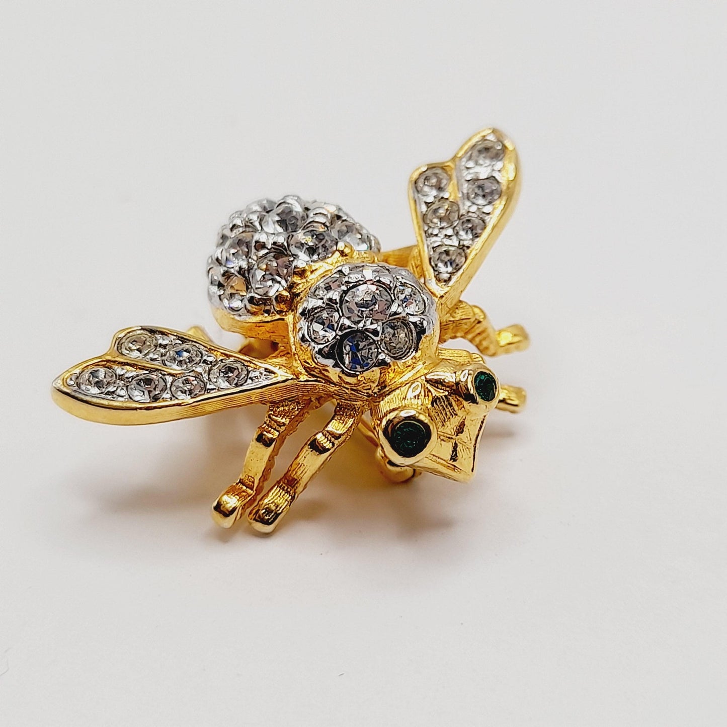 Vintage 1990s Joan Rivers Bee Brooch – Clear Pave Rhinestones, Green Eyes – 1 1/4 Inch Collectible Pin