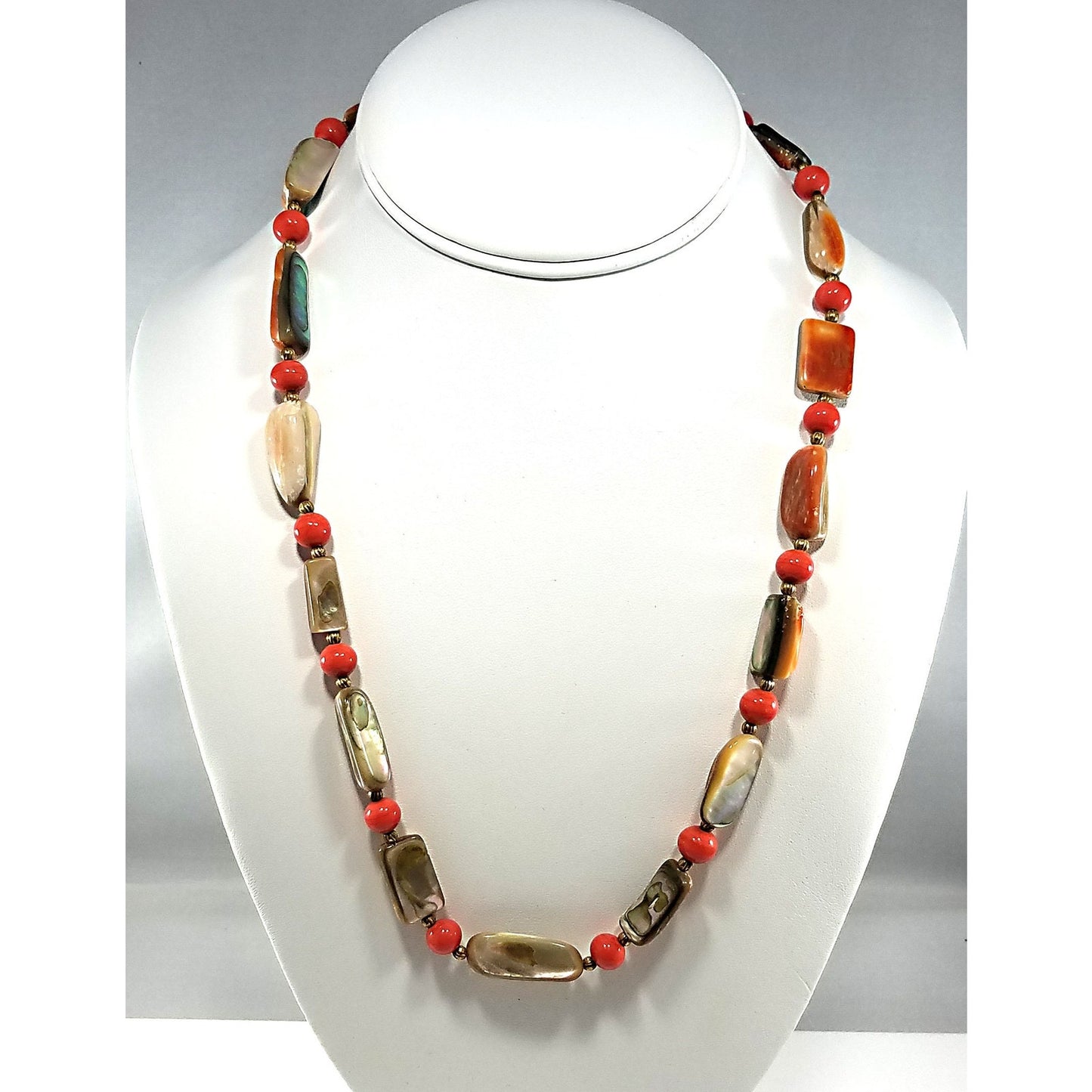 Castlecliff Abalone Beaded Necklace, Orange Glass Beads, Gold Plated Abalone Clasp, 1960s Vintage Jewelry