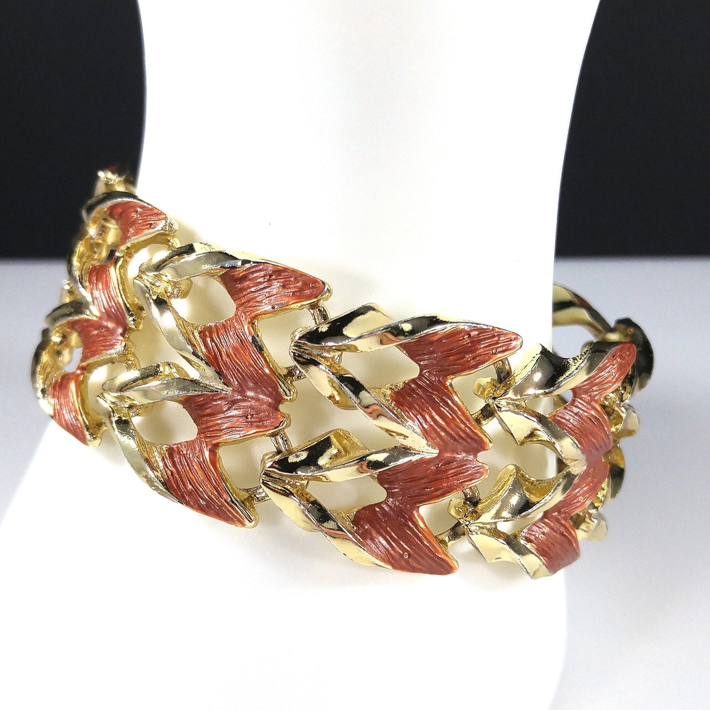 Rust Enamel Gold Plated Wide Link Bracelet, Mid Century Modern, 1950s Vintage Jewelry