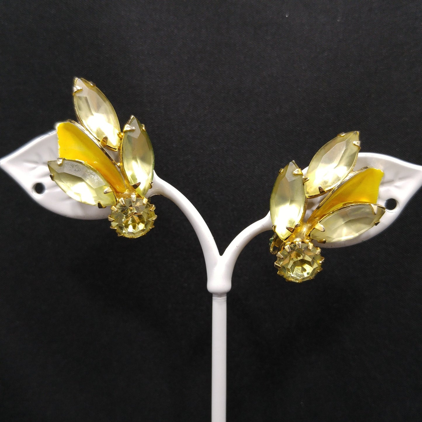 Weiss Yellow Enamel Jonquil Rhinestone Clip Earrings, Gold Plated, 1950s Vintage