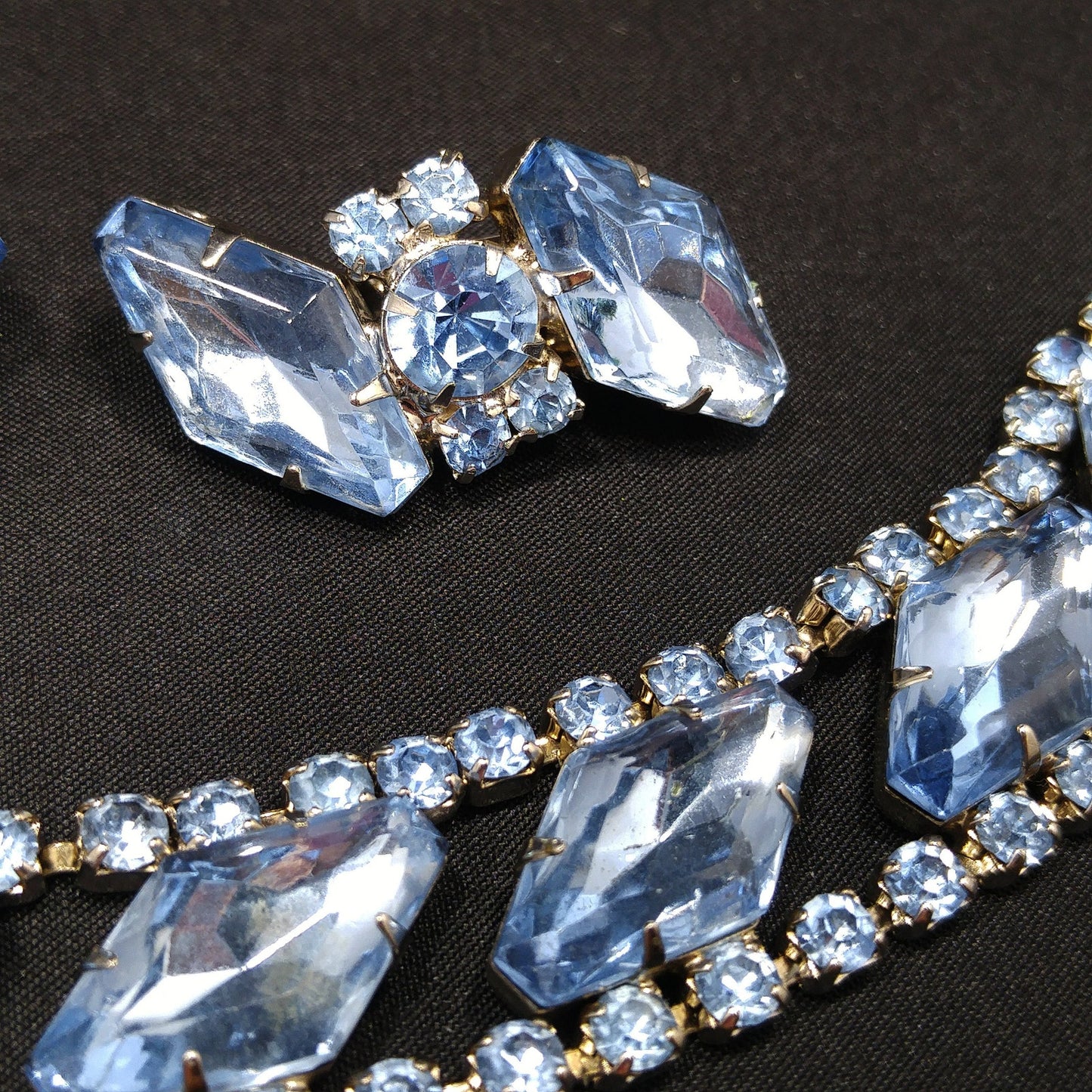 Light Blue Rhinestone Bracelet & Clip Earrings, Rhodium Plated, Ear Climbers, 1960s Vintage Jewelry