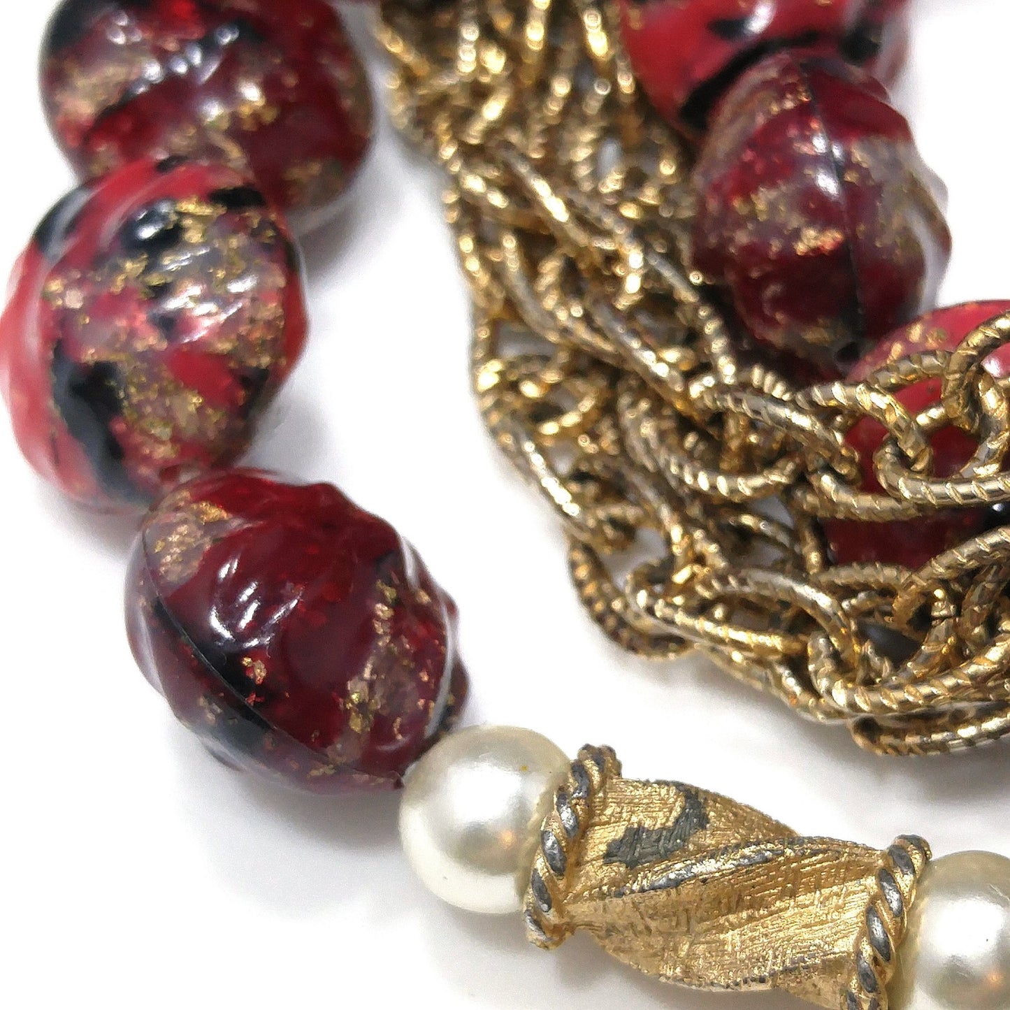 Kramer Red Thermoset Beaded Bracelet & Earrings, 22K Gold Plated Bracelet, 1940s Vintage Jewelry