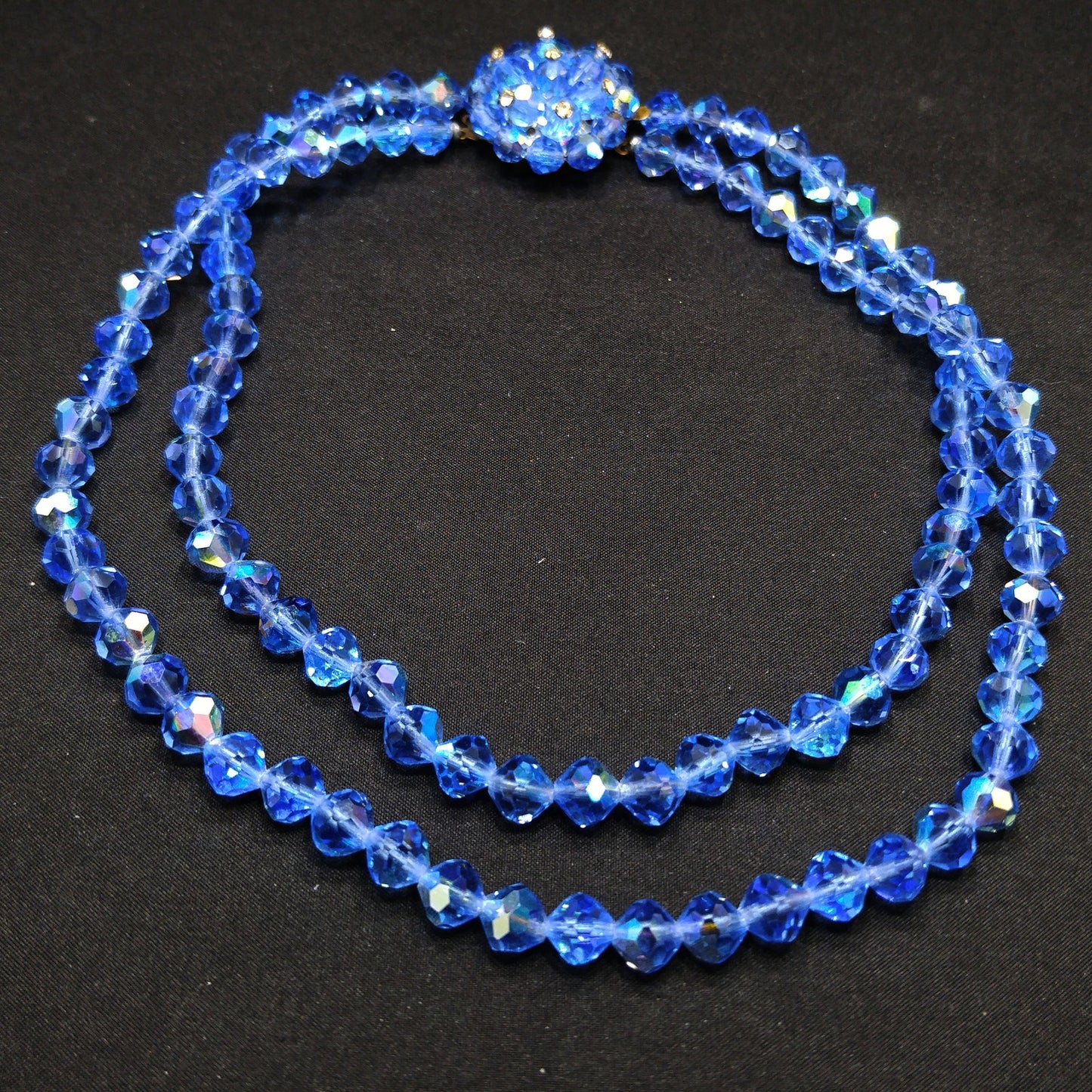 Vintage 1950s Aurora Borealis Blue Crystal Beaded Two-Strand Choker Necklace – Rhinestone Clasp
