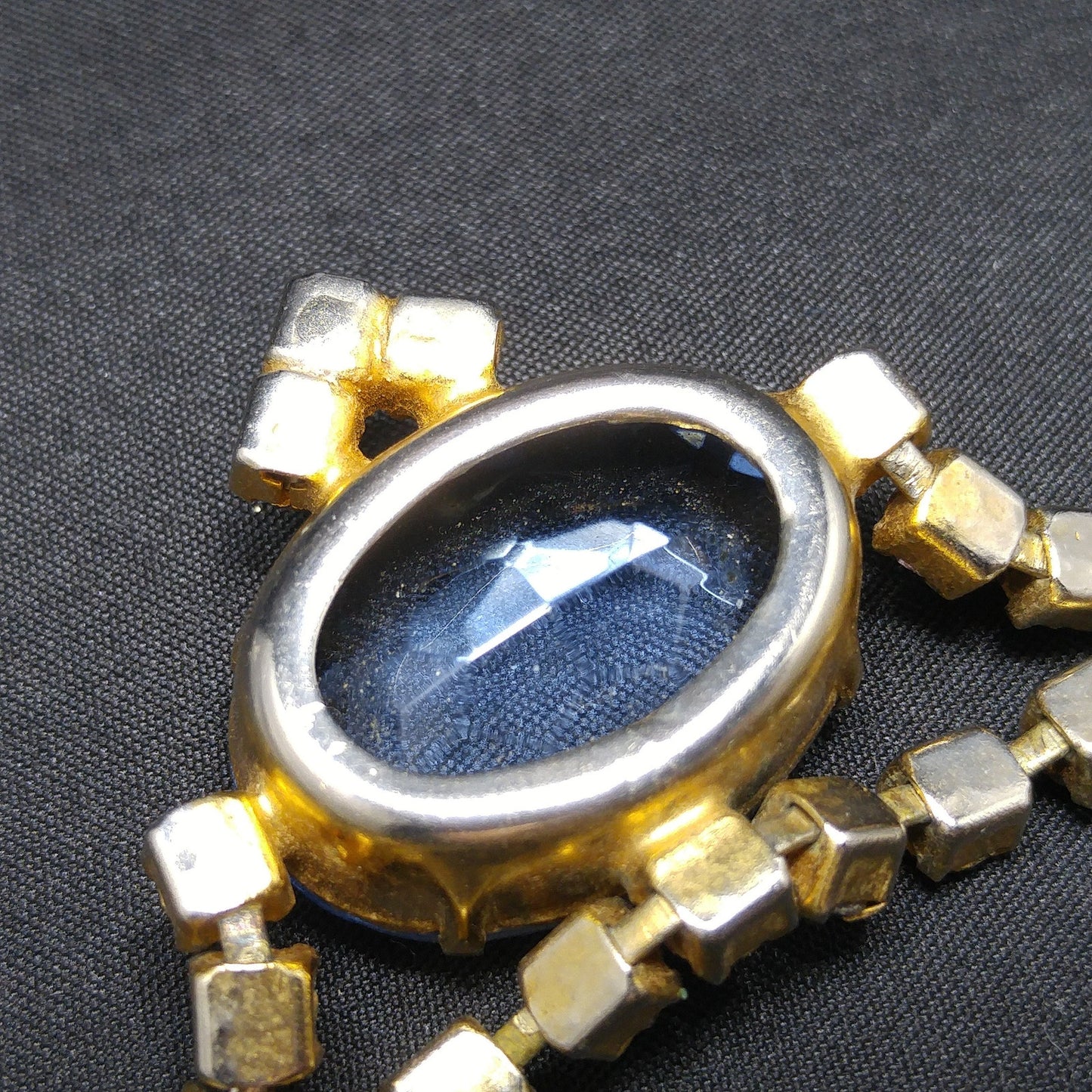 Large Blue & Pink Rhinestone Necklace, Gold Plated, 1950s Vintage Jewelry