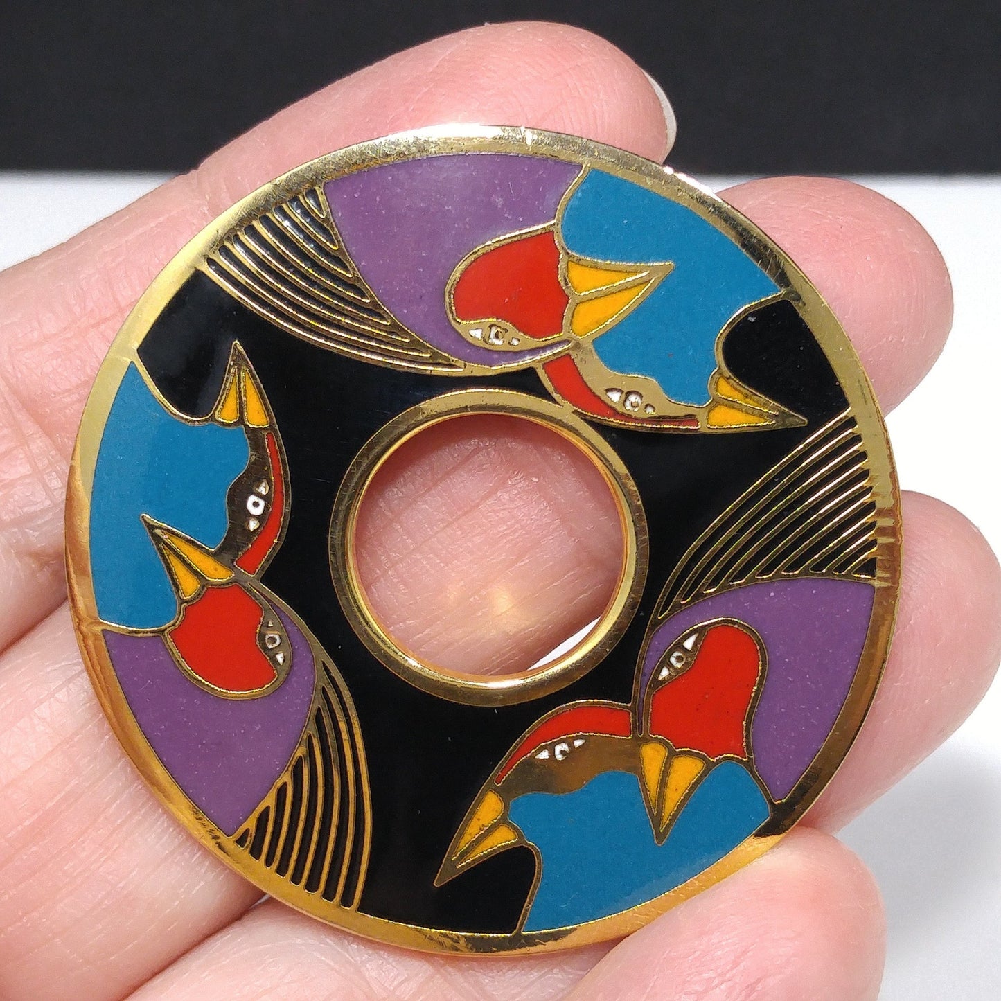 Laurel Burch "Birds of Santorini" Brooch, Cloisonné & Enamel, 1980s Vintage Jewelry