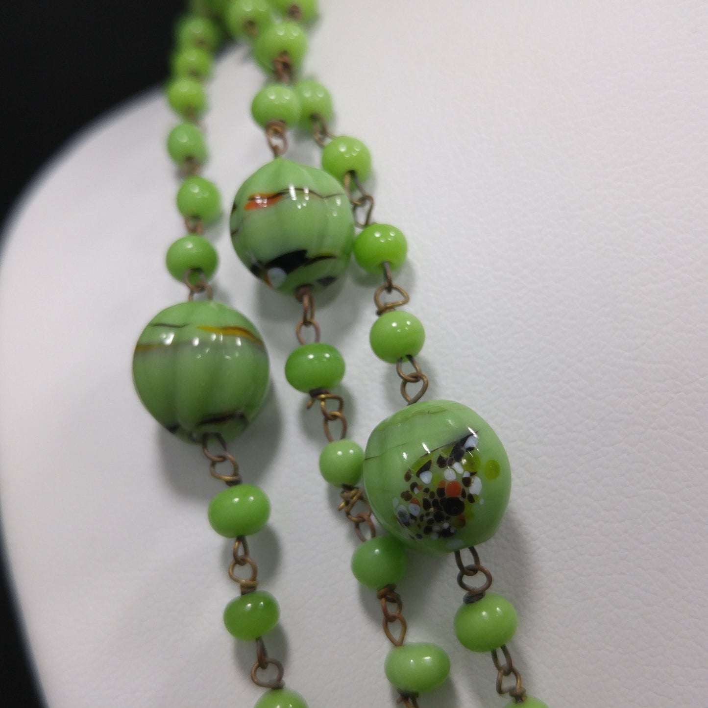 Hand Painted Light Green Flapper Necklace, 70 Inches, Wire Wrapped, 1920s Vintage Jewelry