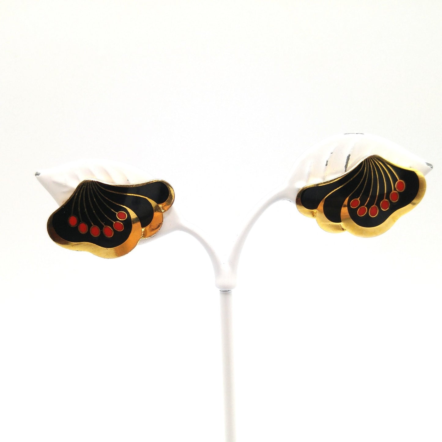 Laurel Burch "Le Fleur" Clip Earrings, Black Red Enamel, Gold Plated, 1980s