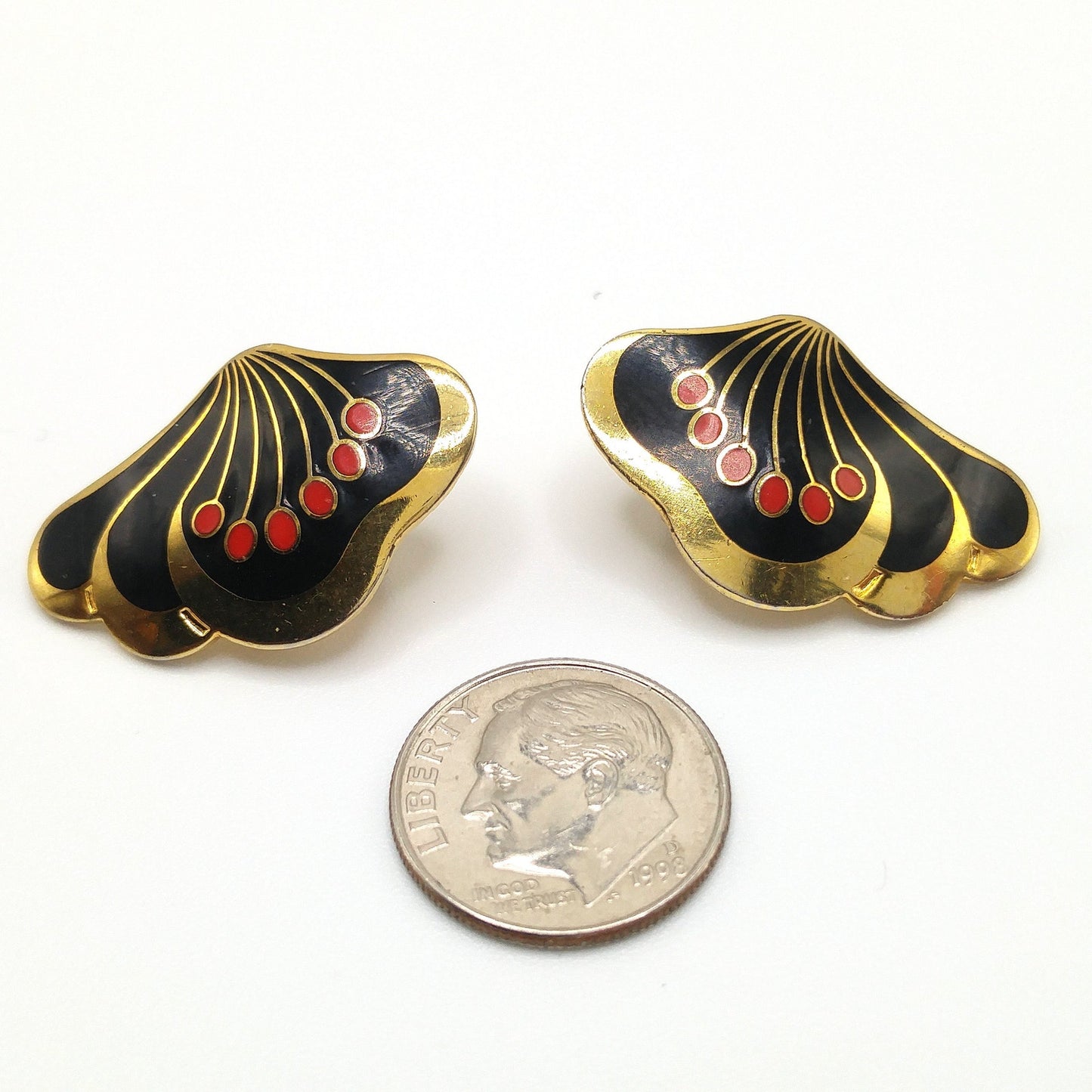 Laurel Burch "Le Fleur" Clip Earrings, Black Red Enamel, Gold Plated, 1980s